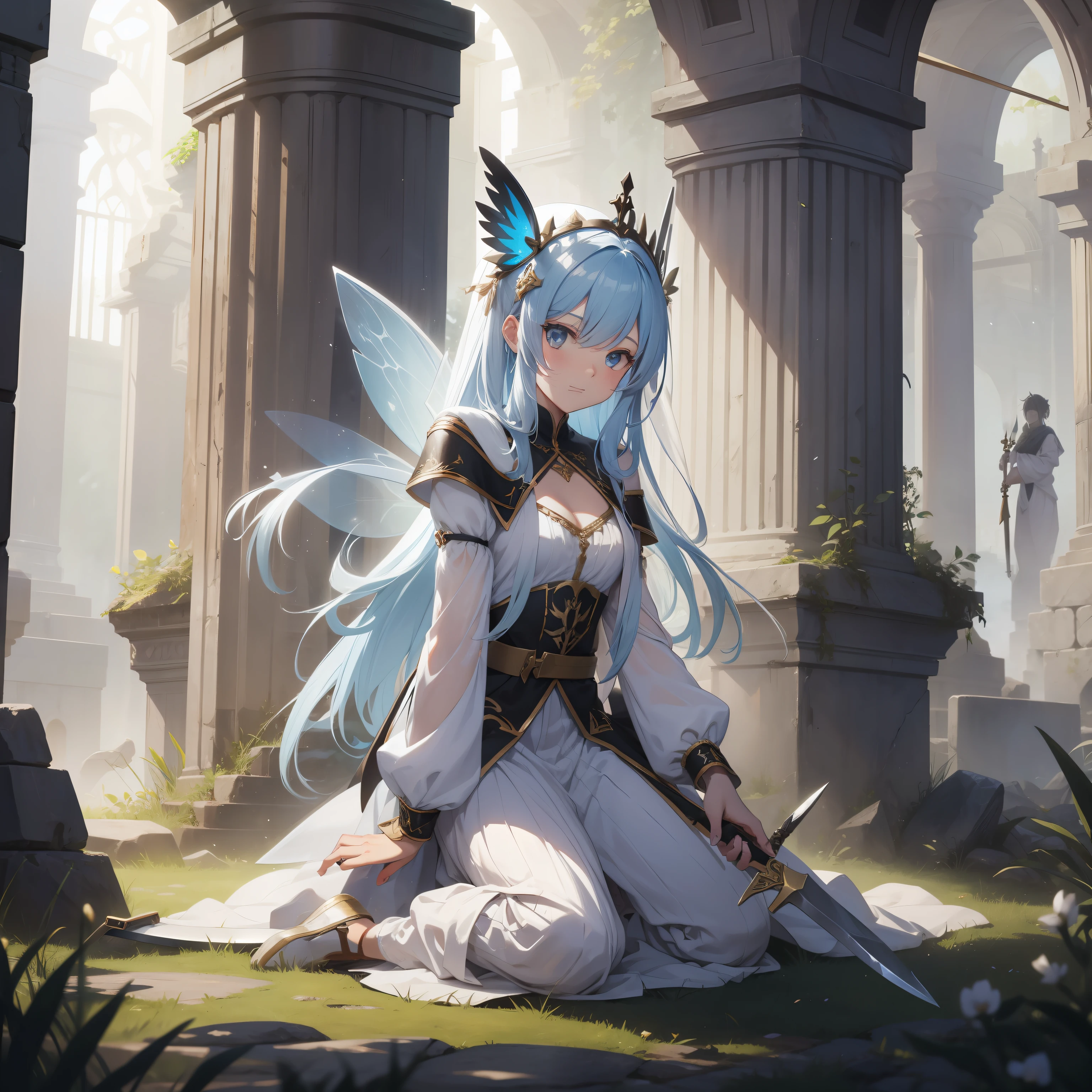 Ten ambushes, one person, ancient fairy, white clothes, holding a black knife, ruins, long hair, 8k quality