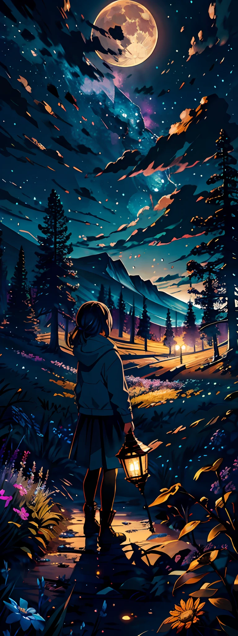 Expansive landscape photograph, (view from below with a view of the sky and the wilderness below), little girl standing in a flower field looking up, (full moon: 1.2), (shooting star: 0.9), (nebula: 1.3), distant mountain, tree break production art, (warm light source: 1.2), (firefly: 1.2), lamp, purple and orange, intricate detail, volume lighting BREAK (masterpiece: 1.2), (highest quality ), 4k, ultra-detailed, (dynamic configuration: 1.4), highly detailed and colorful details (iridescent: 1.2), (sparkling lighting, atmospheric lighting), dreamy, magical, (solo: 1.2)