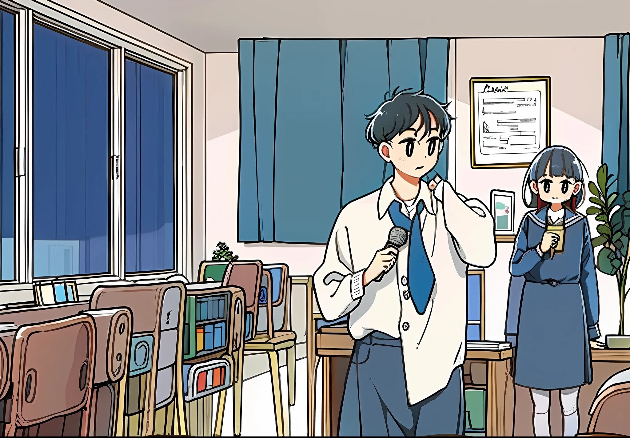 (1boy and 1girl:1.1),classroom, blackboard, classmates, podium, depth of field, windows, curtains, clocks,Blue school uniform,slit pupils,