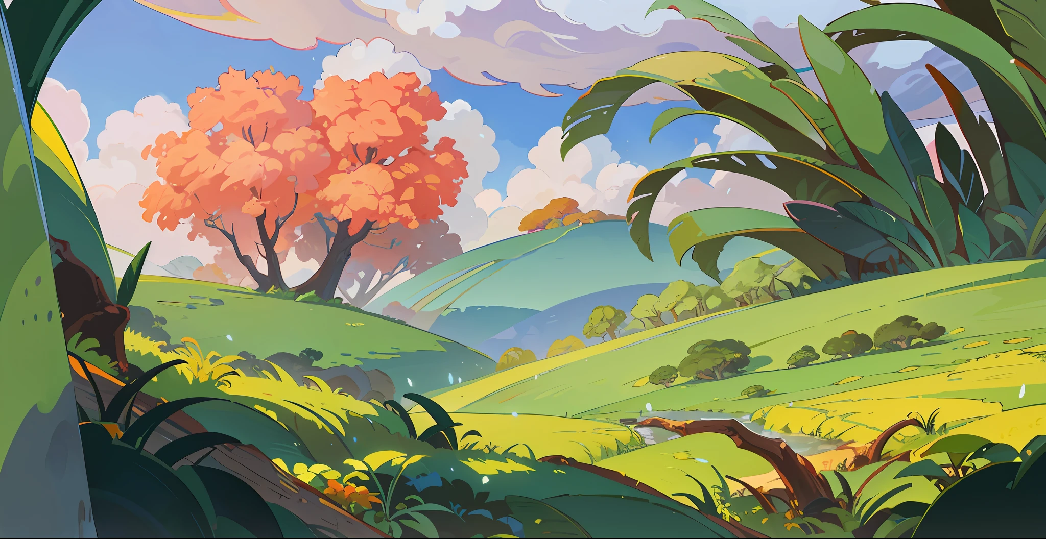 illustration game scene, The Croods, DreamWorks animation, background image of game character, giant tree with red leaves, flat ground, open area, natural environment, high quality background image, wide angle photography, fantasy plant, cartoon style, tropical plants, horizontal composition, bright, super high resolution, super high quality, clear detail, forest, game scene map