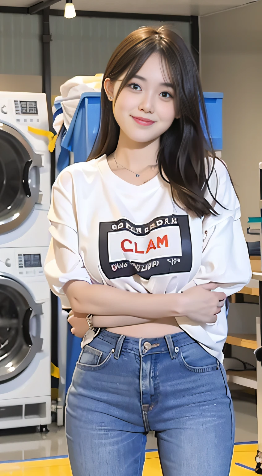 1 girl, female focus, employee, 25 years old, huge laundry factory, furnished with dry cleaning machine, dryer, wearing white T-shirt, jeans, masterpiece, HD, detailed facial features, delicate hands, complete hands, clean sneakers on the cabinet, dry cleaned clothes hanging on hangers, perfect figure, symmetrical figure, delicate face, standing, beautiful, full body photo, perfect hands, full body photo, smile, laundry basket in hand,