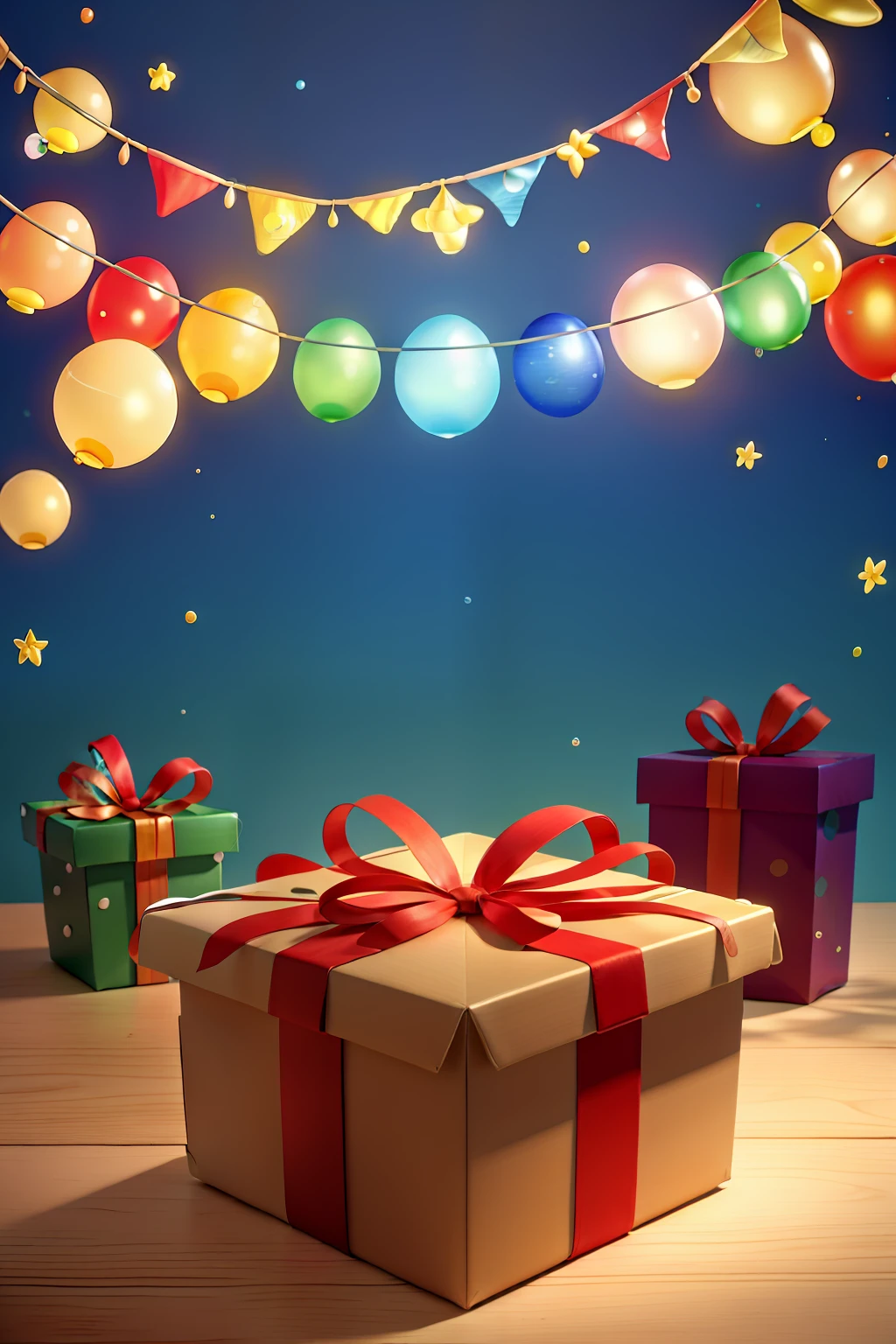 Masterpiece, best quality, beautiful and detailed, full of three-dimensional sense, like a surprise in a box, high-definition restoration of the form of various gift boxes, delicate three-dimensional scenes, water droplet-like flashing light trajectory is amazing, soft gift box packaging collision sound, fluttering balloons, vivid and colorful.