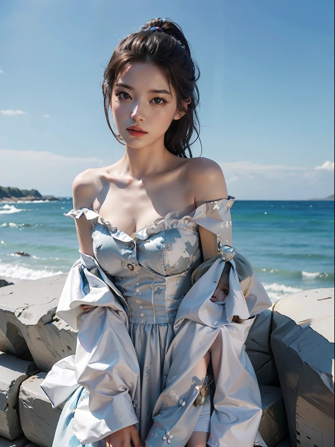 Best quality, masterpiece, 8k resolution, 1 girl, coast, sky, off-the-shoulder