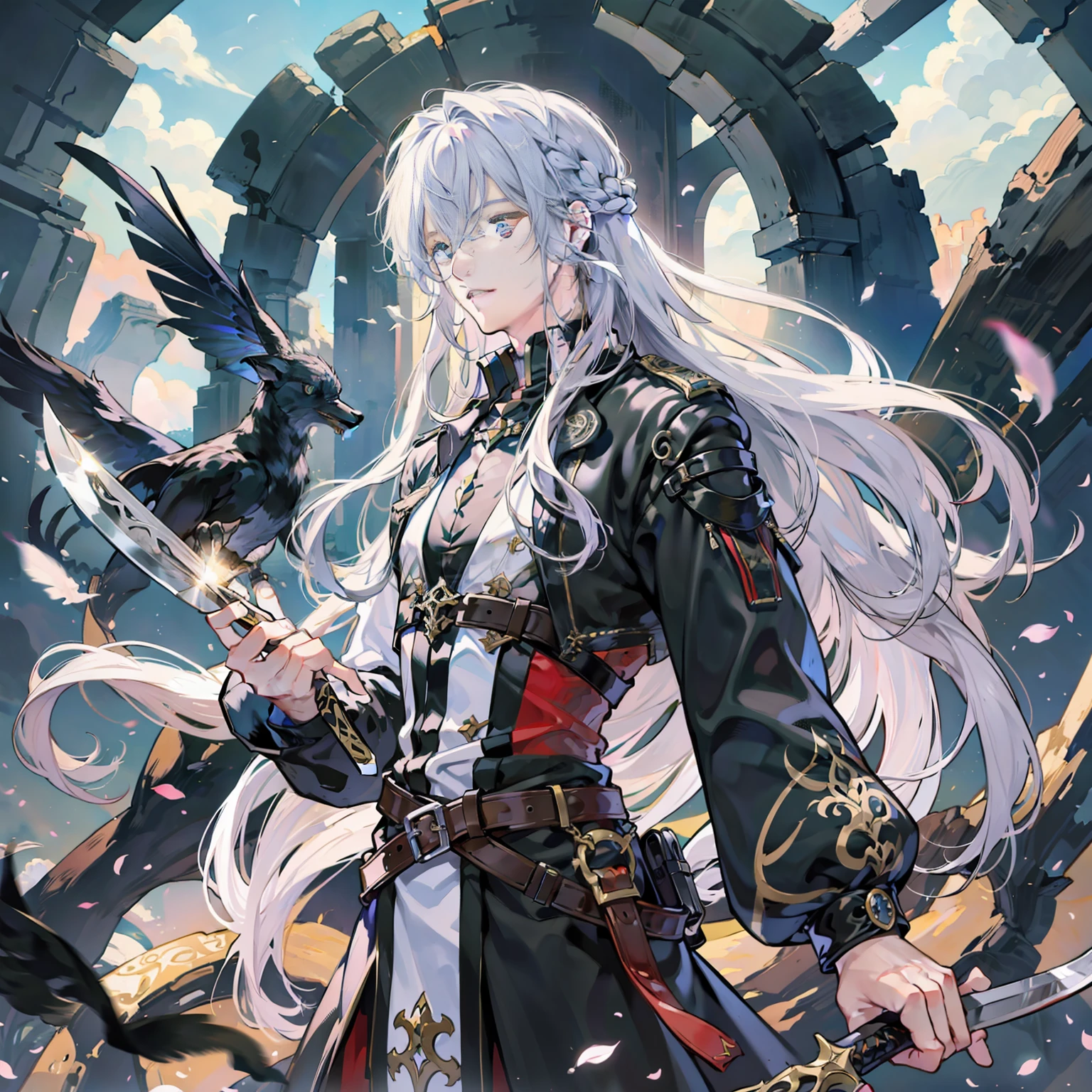 A man, ancient fairy, white, holding a black knife, ruins, long hair,