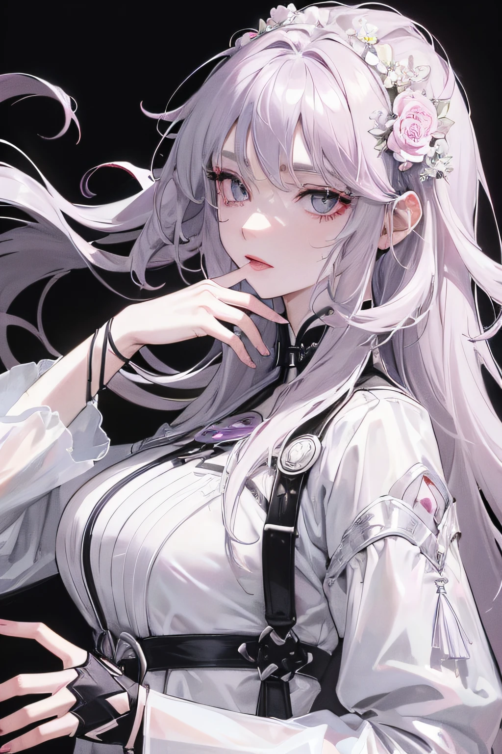 Masterpiece Best Night Full Moon 1 Female Mature Female Elder Sister Yu Sister Cold Face Expressionless Silver White Long Hair Woman Light Pink Lips Calm Intellectual Three Bands Gray Eyes Assassin Short Knife, Flowers, Hand Details, Finger Details,