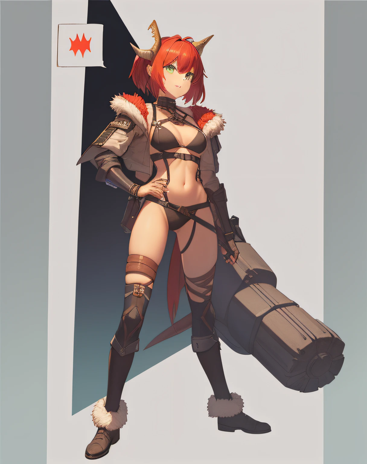Red-haired girl, fiery, green eyes, pigtails, a wreath of fiery horns on her head, a barbarian, a huge techno cannon in her hands, a huntress, bones on her body, insect plates, chitin, fur, small bones, light bones and red fur on her shoulders, dark leather stockings made of strips of cut leather on her legs, ropes and light bones on her body, thin panties, a small bra made of bones, The hair is bright red, the decorations are made of horns, the fur is a gun. Instead of panties, a rope, bones and chitin, fur shoulder pads and with chitin, a tail of hair on the back of the head looks up, a short haircut, a bionic cannon in the form of the mouth of a wolf, shark, dragon. The girl has green eyes, a playful look, a good-natured smile, a neat nose, tight panties, tight thongs, mini underwear, leaky underwear, torn fabrics, a lot of torn fabrics, a lot of holes in fabrics, a cannon with a monster's head, a cannon barrel in the form of a monster, a flame bursts out of its mouth, a portal in the cannon. The girl has short hair, a ponytail at the back is short and looks up, fur shoulder pads, a jacket on the shoulders, a torn bra, the pubis is open, diagonal straps all over the body, powerful energy escapes from the open toothy mouth of the cannon, on the girl's stomach there is a bird's skull, tattoos, vertebrae on the edges of stockings, cyberpunk, ethnic style of clothing, ancient clothes, worn, prehistoric style, prehistoric jacket, elbow pads made of insects, chitin cannon, bionic cannon, torn jacket sleeves, chitin plates on the jacket, flame breakthroughs