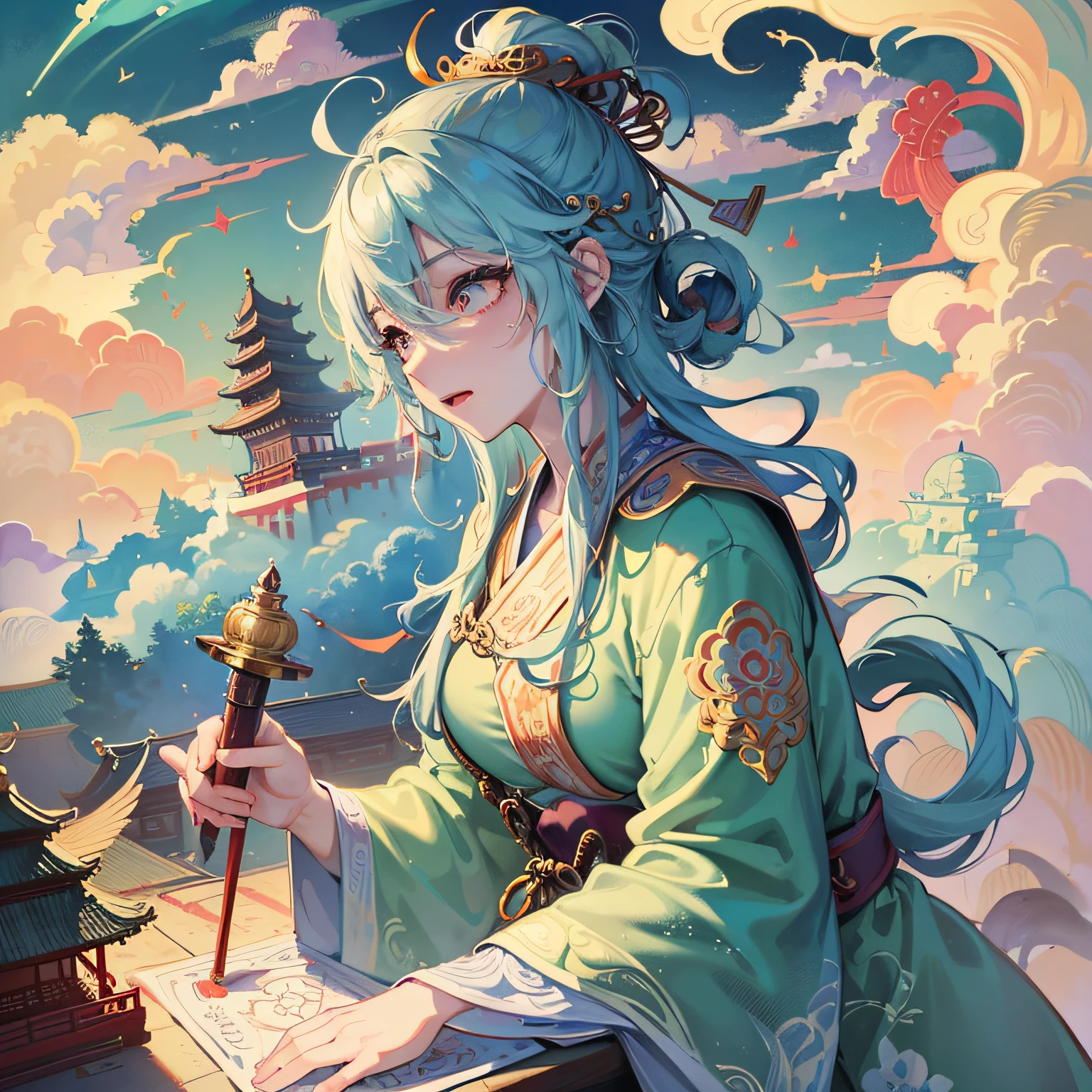 The game scene, the ancient Chinese palace is located in the clouds, above the auspicious clouds, surrounded by clouds and mist, majestic, glazed tiles, Buddha statues, colorful rays of light, bright colors, wild cranes, ((color ink)),((splash ink) ),((splash ink) ink}) ), masterpiece, high quality, beautiful graphics, high detail --auto --s2