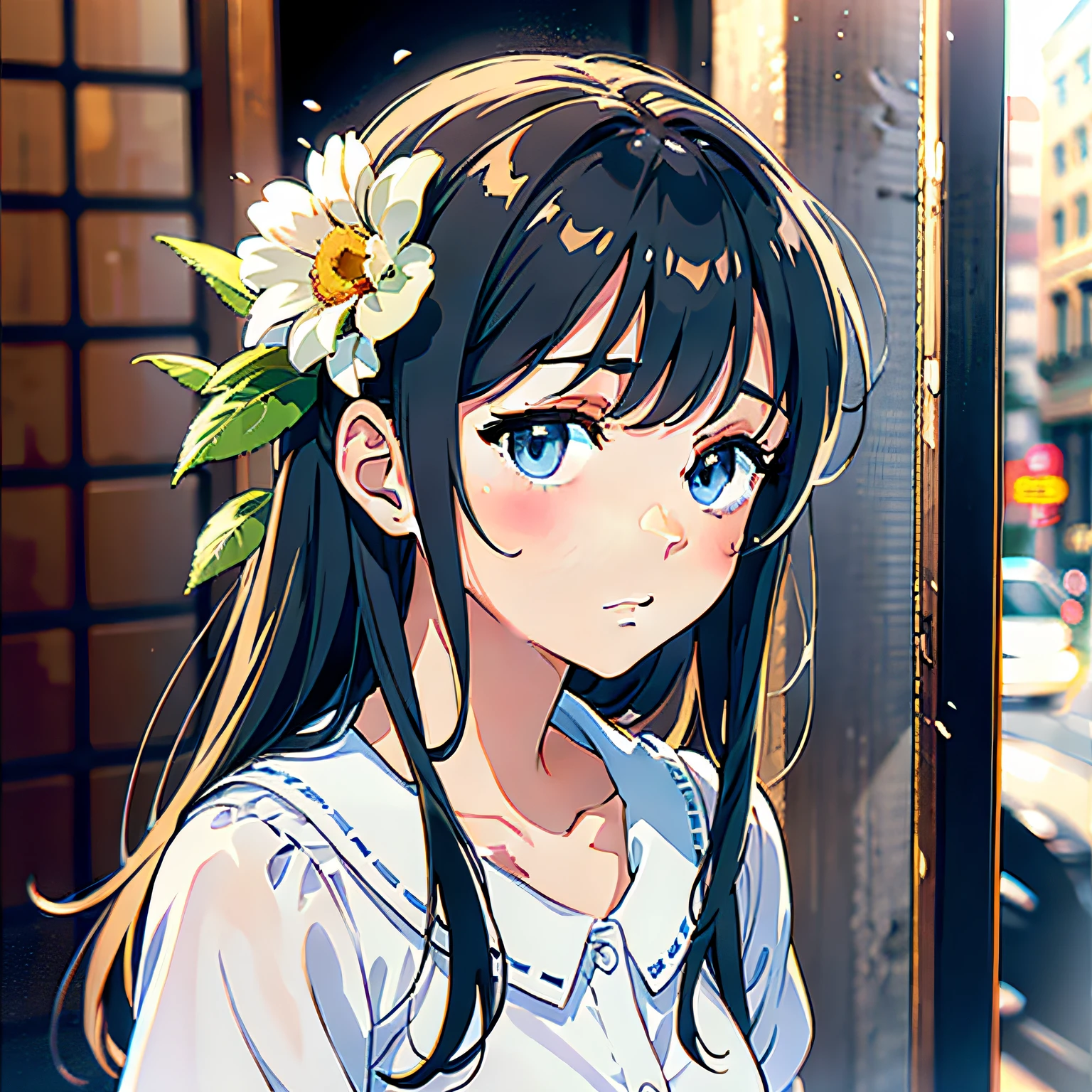 High image quality pure style, appreciate the fragile beauty of girls, high-definition detail photography, one of the "Girls Like Flowers" series, graceful posture, beautiful face, fresh and elegant, sweet shyness, soft natural light, cool, hearty atmosphere, the bustling street scene of the town, with perfect collar details, healing characters and scenes. High quality, Ultra HD, RAW