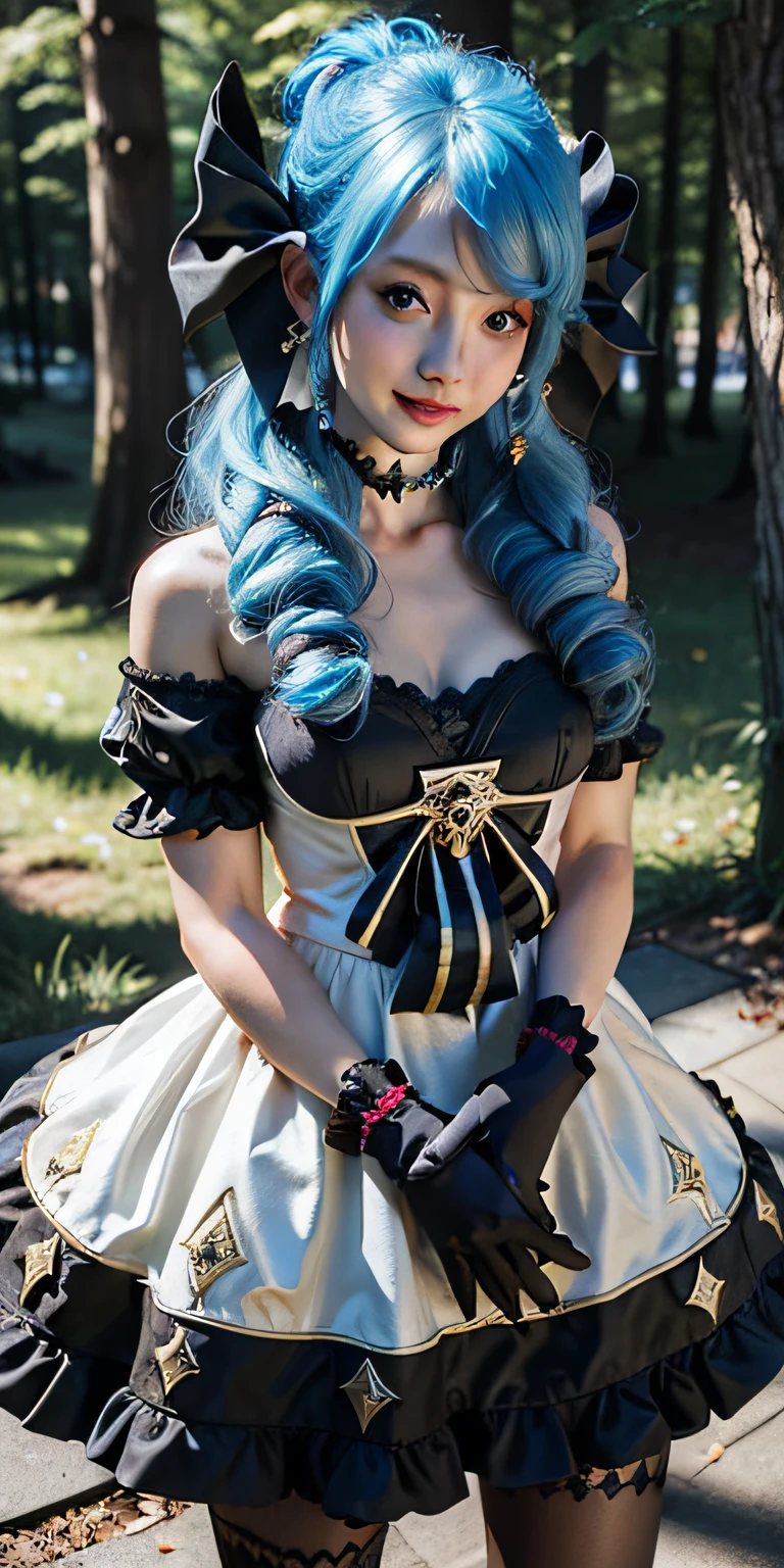best quality, masterpiece, super high resolution, (realistic:1.4), original photo, 1girl, black bow, black gloves, black legs, blue eyes, blue hair, bow, collarbone, dress, drilled hair, frilled dress, frilled trim, gloves, gwen\(League of Legends\), hair accessory, high resolution, league of legends, long hair, parted lips, fluffy sleeves, pink pupils, smile, solo, white dress, x, x hair ornament, ((forest)), lawn, sit down, cheek support