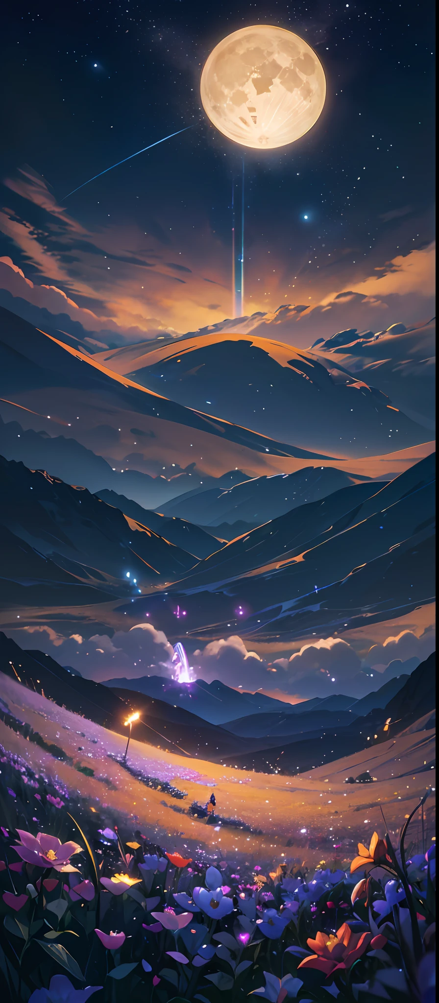 A wide landscape photo, (viewed from below, the sky is above, and the open field is below), a girl standing on a flower field looking up, (full moon: 1.2), (meteor: 0.9), (nebula: 1.3), distant mountains , Trees BREAK Crafting Art, (Warm Light: 1.2), (Firefly: 1.2), Lights, Lots of Purple and Orange, Intricate Details, Volumetric Lighting BREAK (Masterpiece: 1.2), (Best Quality), 4k, Ultra Detailed, (Dynamic Composition: 1.4), Rich in Detail and Color, (Rainbow Color: 1.2), (Glow, Atmospheric Lighting), Dreamy, Magical, (Solo: 1.2) --auto --s2