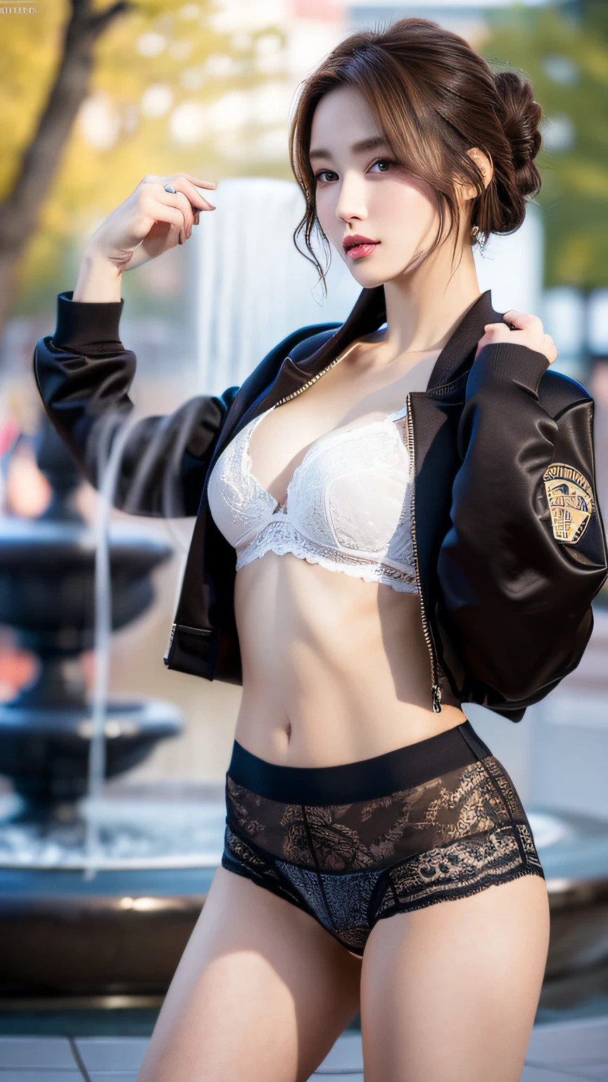 (Best quality, high resolution, masterpiece: 1.3), a tall beautiful woman, slender body beauty, breasts, (dark brown hair styling in chignon), varsity jacket, panties, (fountain in front of the mall in the background), beautifully presented details in face and skin texture, detailed eyes, double eyelids
