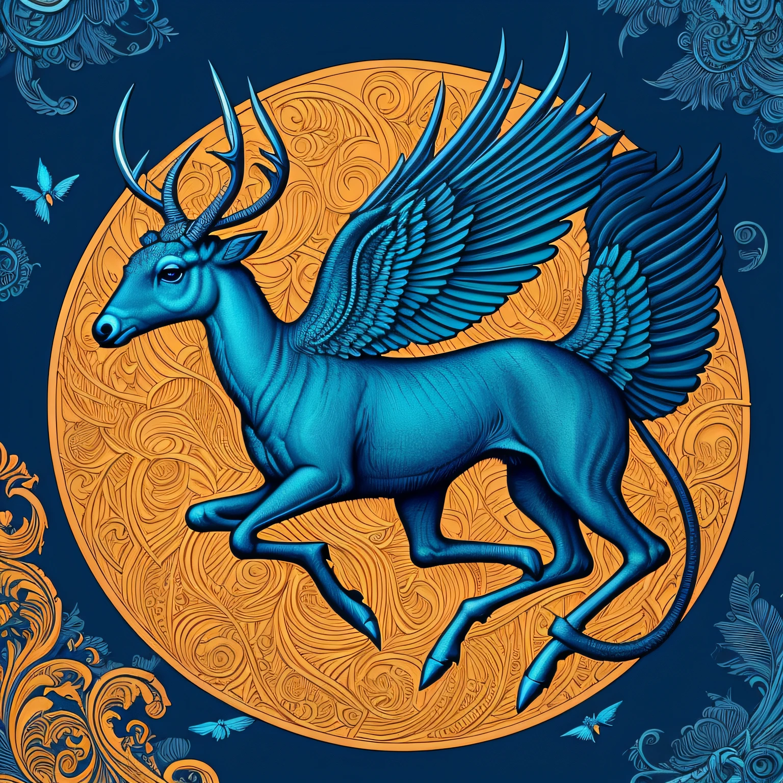 there is a blue deer with wings flying in the air, mythical creature, Ivan Belikov style, on an orange background, Aaron Horkey style, Aaron Horkey, highly detailed vector art, flying mythical beasts, highly detailed illustration, highly detailed illustration.", intricate detailed illustration, detailed intricate illustration, hyperbeast design, with wings. ultra-detailed, highly detailed and colorful, detailed digital illustration, highly detailed creature,Victo Ngai and Tristan Eaton, James Jean, Dan Mumford, highly detailed vector art, CMYK Palette, Behance HD Vector Jesper EJSING, Aaron Horkey