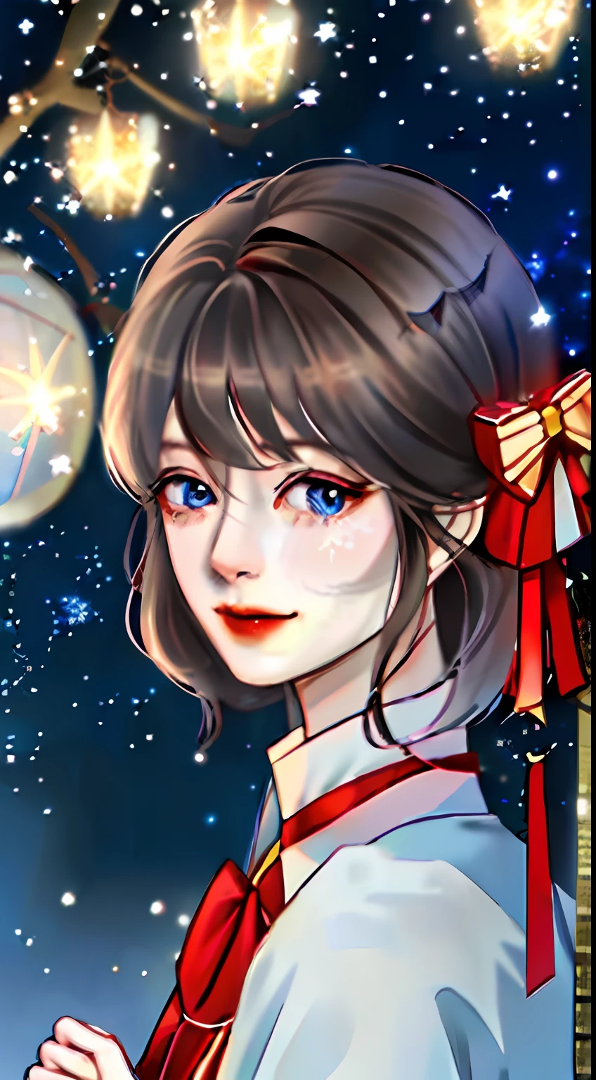 (Extremely Delicate Beauty:1.2) ,1girl, fashi-girl, bangs, blue eyes, blurry background, bow, brown hair, shut up, from side, hair between eyes, bows, lanterns, light particles, long sleeves, looking at the audience, medium hair, night, red bows, solo, star\ (symbol\), upper body, smile, red lips