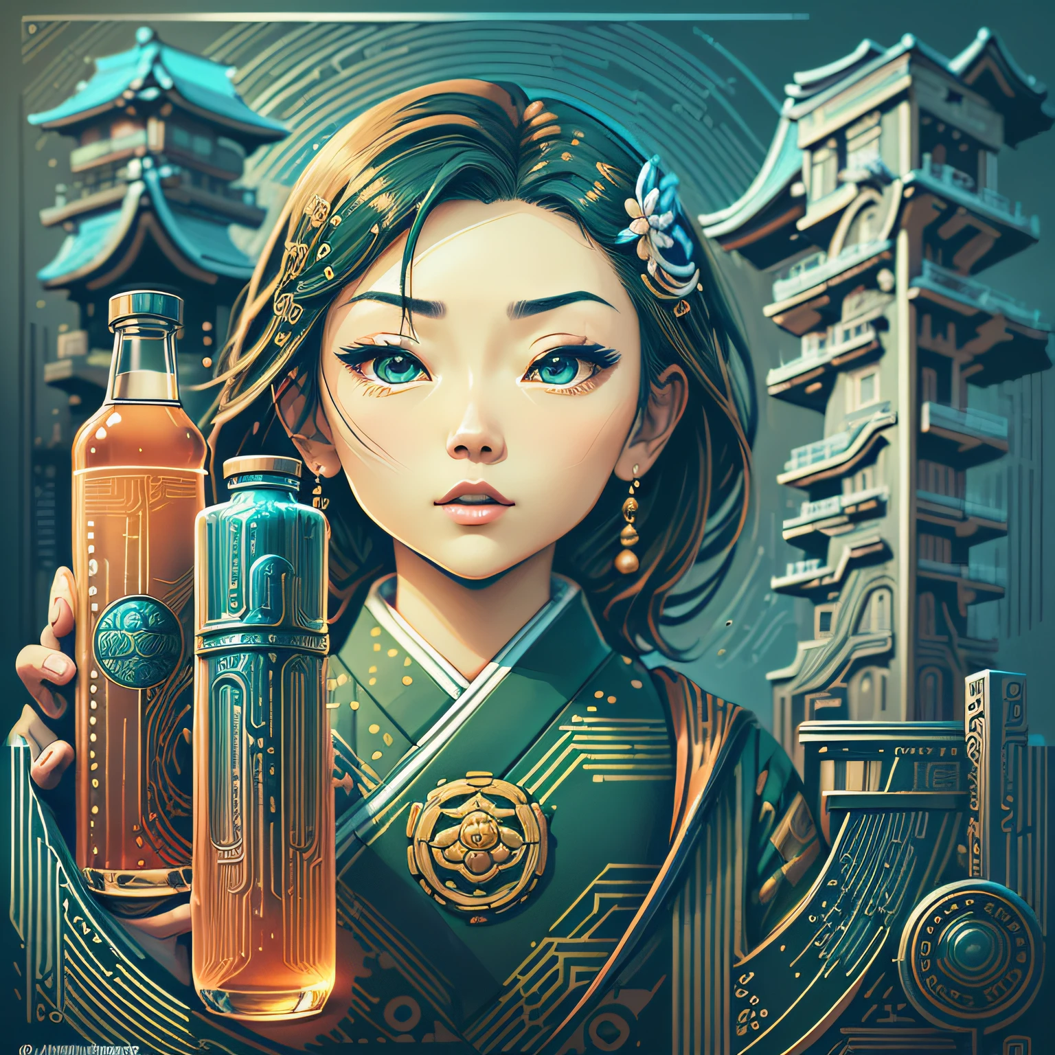 there is a bottle of orange pills in a city with a sky background, japonisme 3 d 8 k ultra detailed, japanese inspired poster, inspired by Cao Zhibai, artwork in the style of guweiz, pop japonisme 3 d ultra detailed, inspired by Ryōhei Koiso, inspired by Kanō Naizen --auto --s2