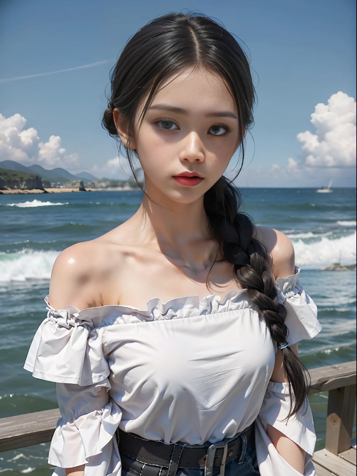 1 girl, best quality, masterpiece, realistic, off-the-shoulder outfit, black hair tied loosely braided, coast, sky