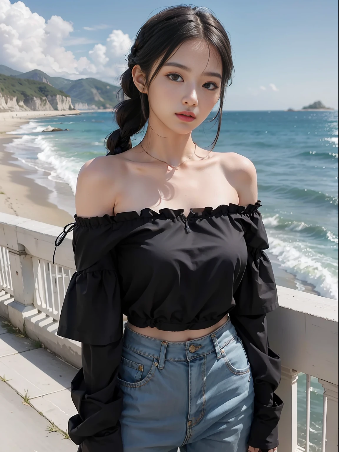 1 girl, best quality, masterpiece, realistic, off-the-shoulder outfit, black hair tied loosely braided, coast, sky