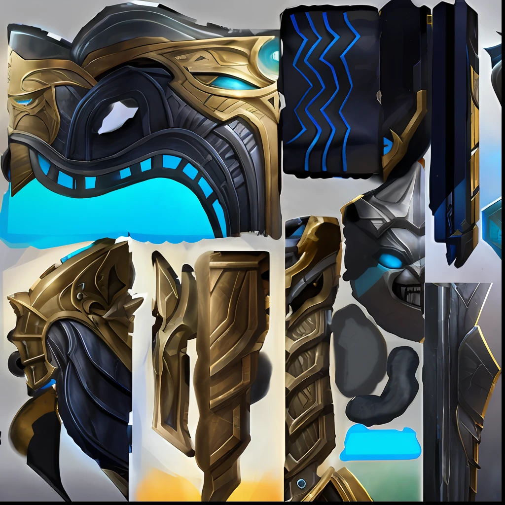 a close up of a set of different armor pieces, protoss!!!!, protoss!!, armor elements, protoss, object concept art, high detail concept art, warcraft blizzard weapon art, super detail of each object, expert high detail concept art, concept art | dyson, warframe armor, material pack, darksiders style, detailed game art, hard edges concept art