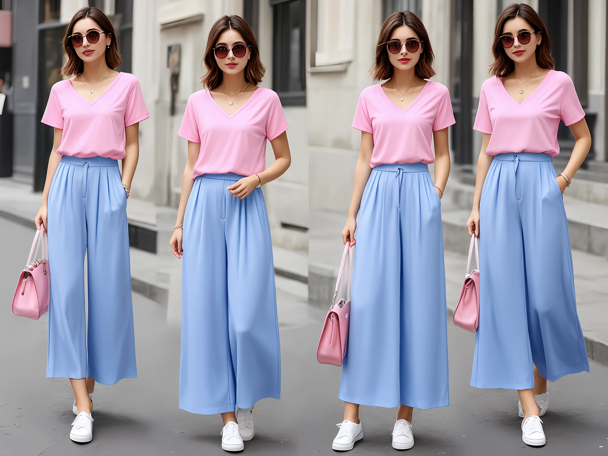 Narrow shoulder European woman wears V-neck pink short-sleeved T-shirt and blue wide-leg pants (soft material)