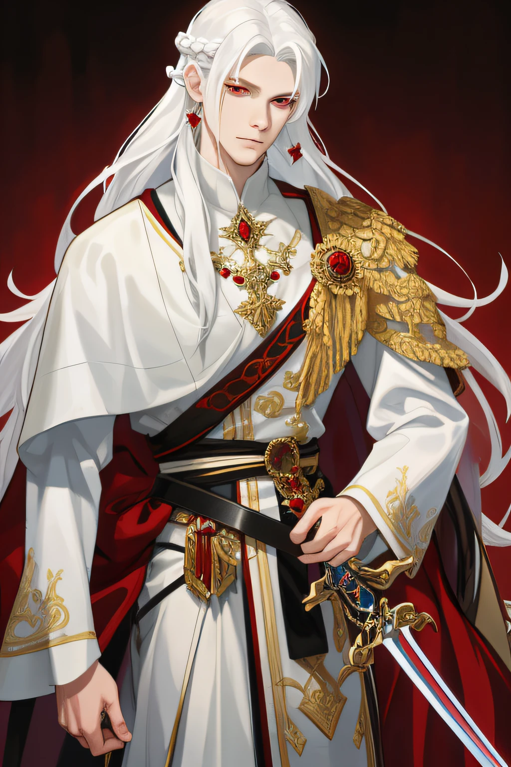 nsfw, masterpiece, super-fine, semi-realistic, meticulous facial features, 1boy, white hair, long hair, red eyes, wearing exquisite fairy costumes, holding a black long sword,