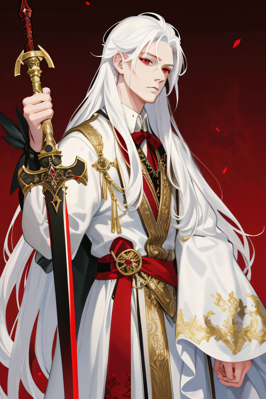 nsfw, masterpiece, super-fine, semi-realistic, meticulous facial features, 1boy, white hair, long hair, red eyes, wearing exquisite fairy costumes, holding a black long sword,