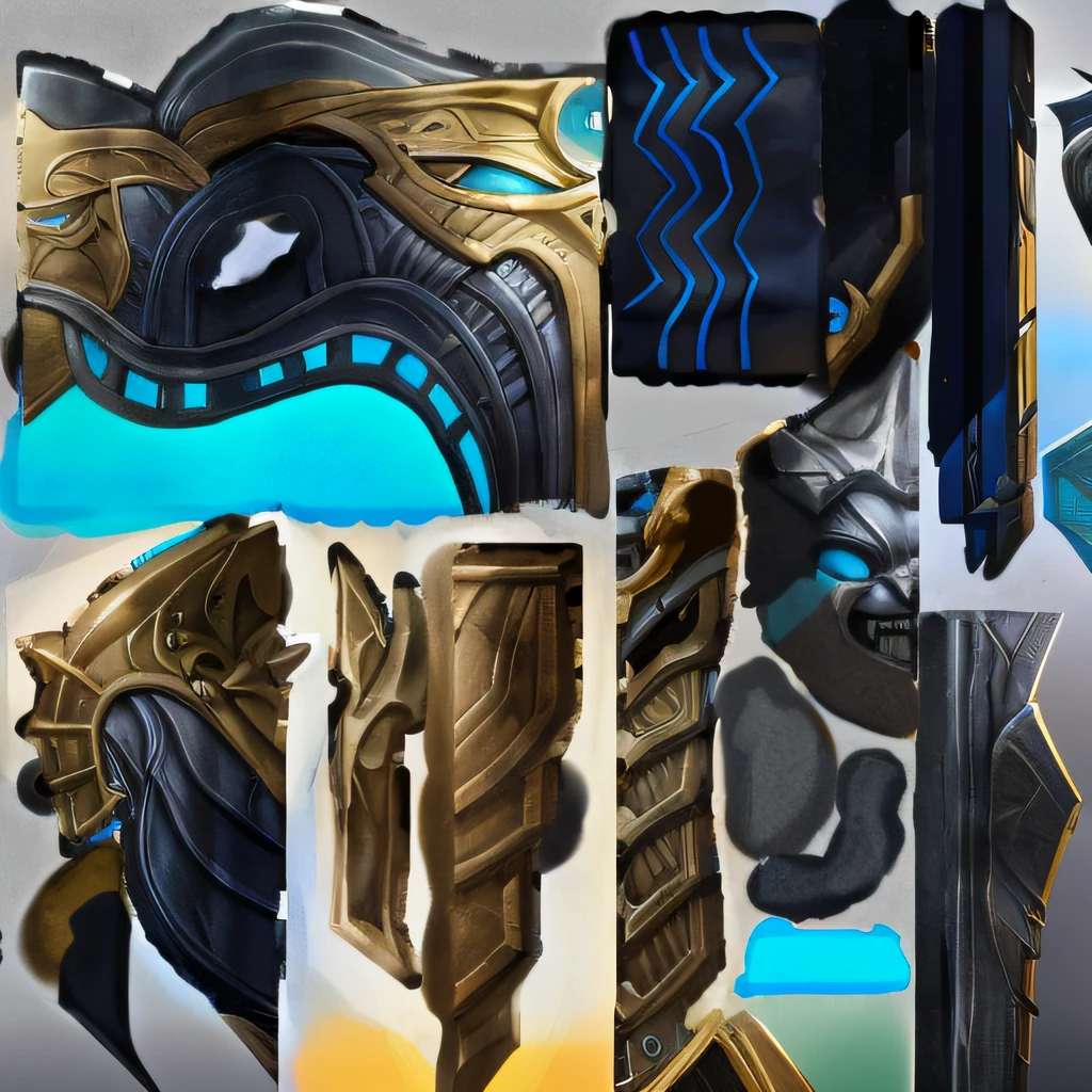 a close up of a set of different armor pieces, protoss!!!!, protoss!!, armor elements, protoss, object concept art, high detail concept art, warcraft blizzard weapon art, super detail of each object, expert high detail concept art, concept art | dyson, warframe armor, material pack, darksiders style, detailed game art, hard edges concept art