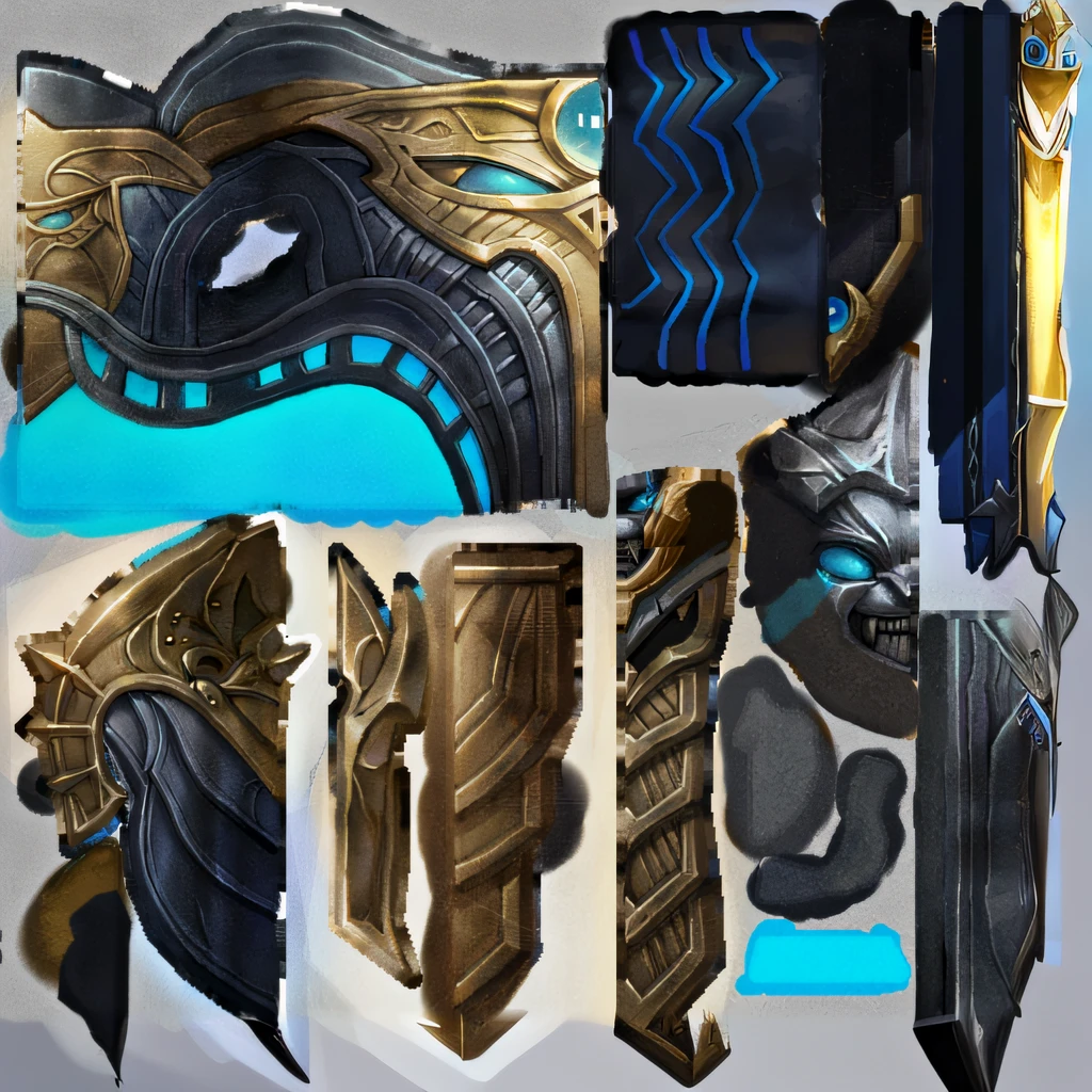 a close up of a set of different armor pieces, protoss!!!!, protoss!!, armor elements, protoss, object concept art, high detail concept art, warcraft blizzard weapon art, super detail of each object, expert high detail concept art, concept art | dyson, warframe armor, material pack, darksiders style, detailed game art, hard edges concept art