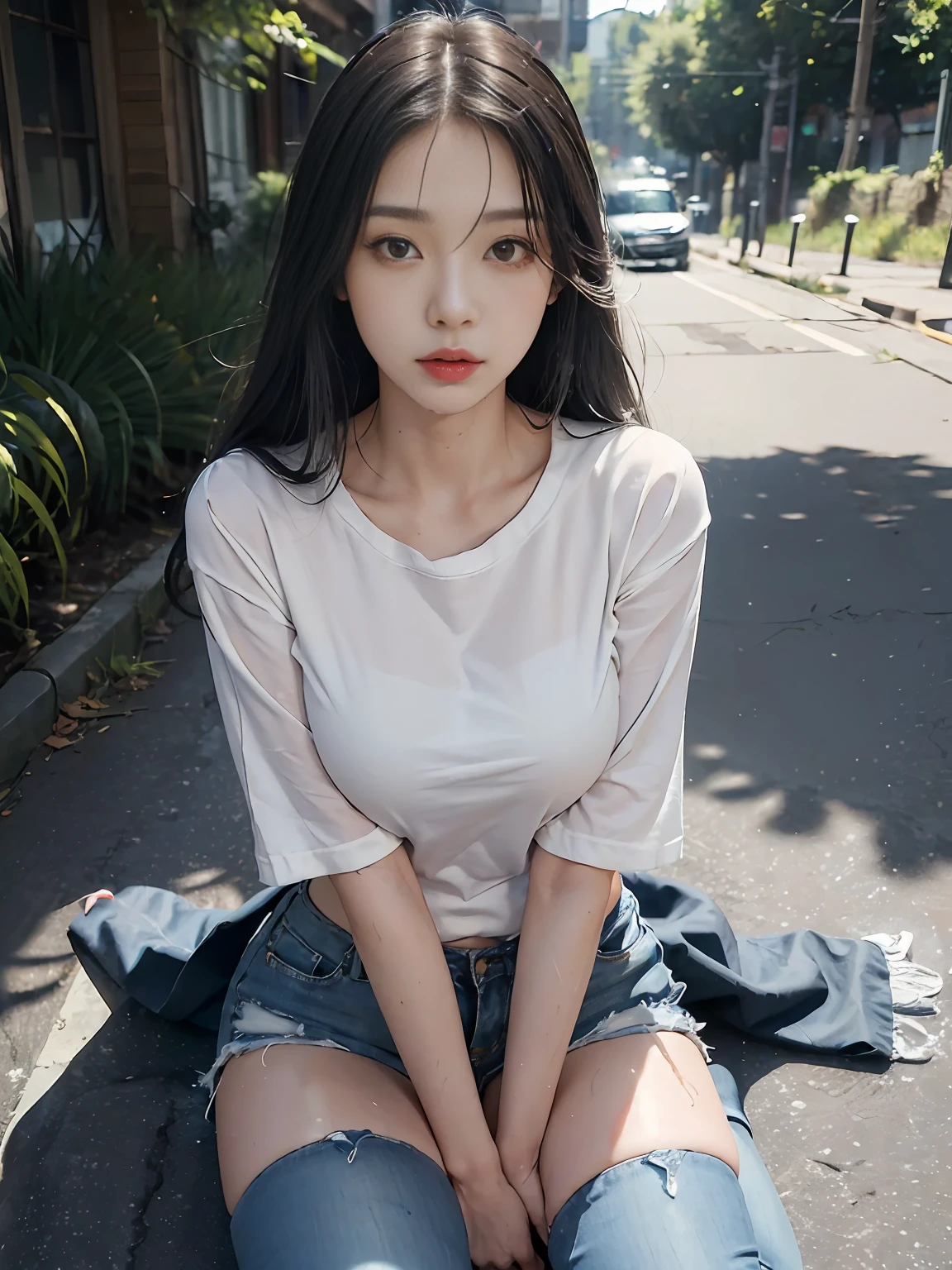 (masterpiece:1.4),(best quality:1.4),ultra high res,((detailed facial features)),HDR,8k resolution,1girl,blue sky,waby mouth / :3,(shiny),Sadako,street,shirt,earring,short jeans,large breasts, wet skin,shiny skin,
,socks over thighhighs,looking at viewer,skin tight,solo focus,naughty face,