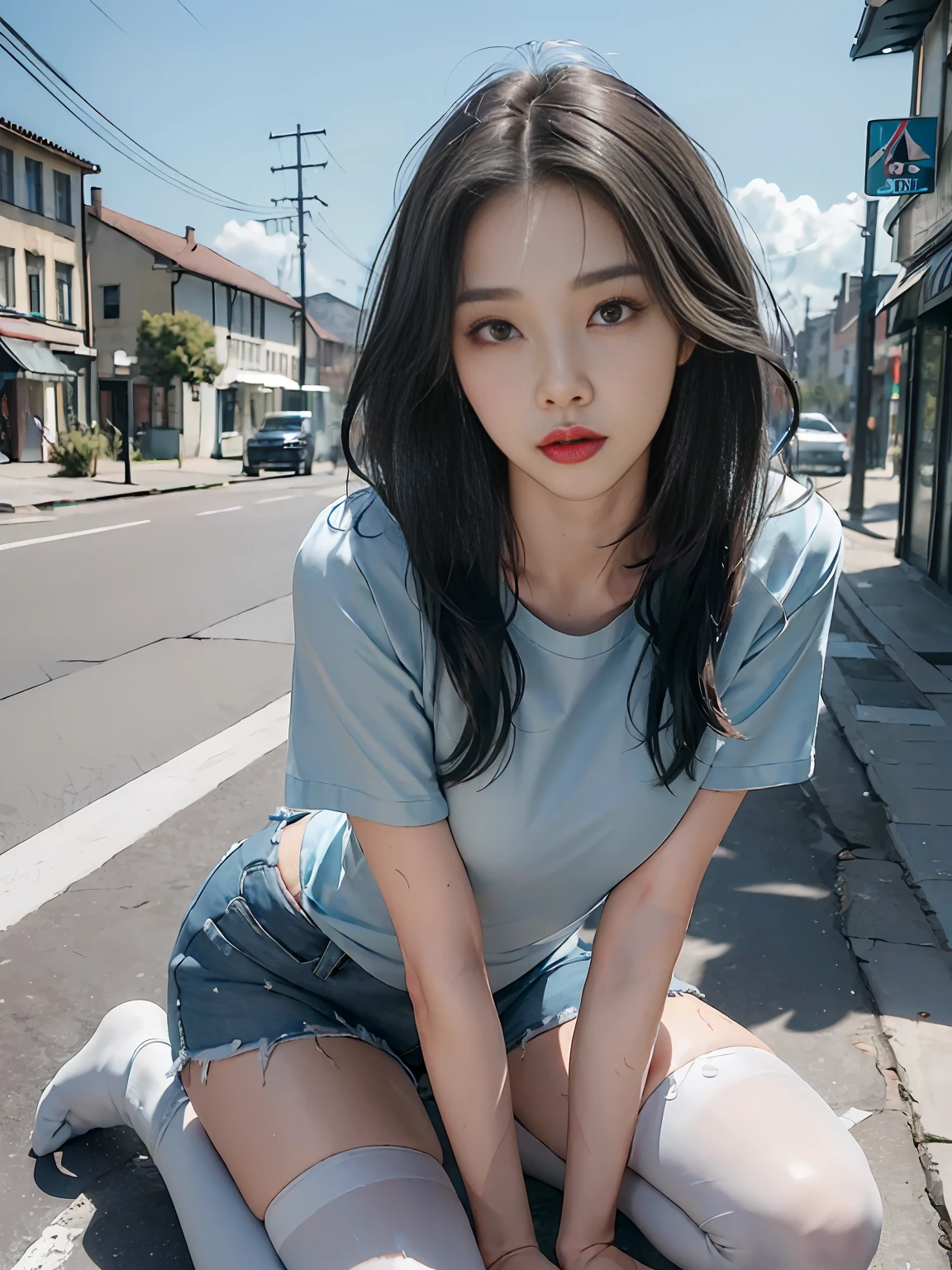 (masterpiece:1.4),(best quality:1.4),ultra high res,((detailed facial features)),HDR,8k resolution,1girl,blue sky,waby mouth / :3,(shiny),Sadako,street,shirt,earring,short jeans,large breasts, wet skin,shiny skin,
,socks over thighhighs,looking at viewer,skin tight,solo focus,naughty face,
