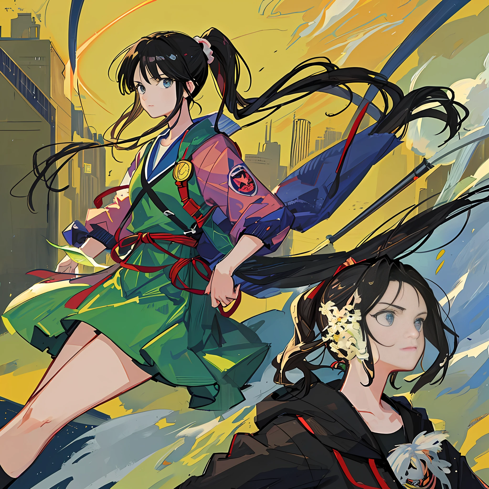 (Masterpiece), (Best Quality), (Super Detail),(Illustration), one Female, Black Hair, Ponytail Hair, by Yoshihiro Togashi