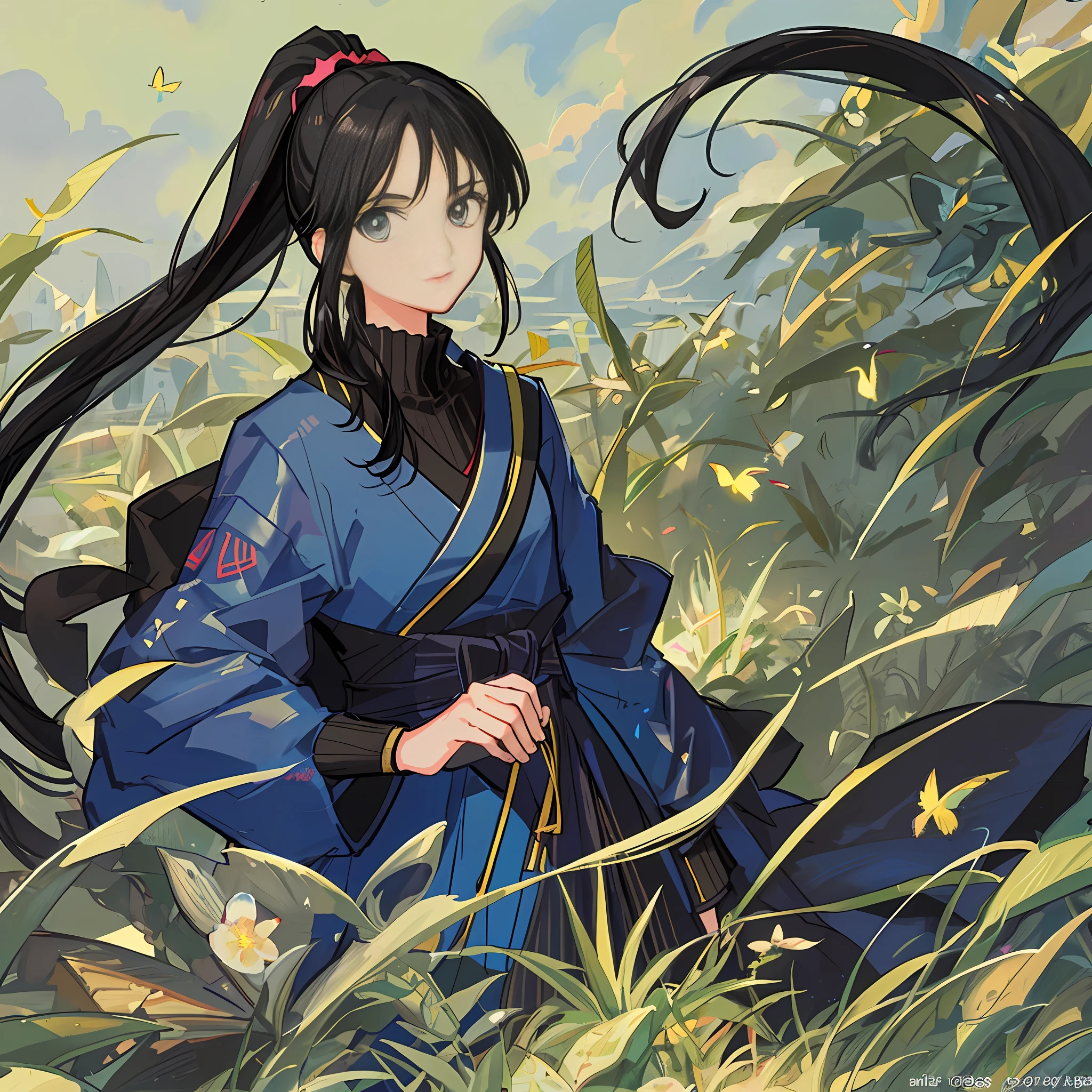 (Masterpiece), (Best Quality), (Super Detail),(Illustration), one Female, Black Hair, Ponytail Hair, by Yoshihiro Togashi