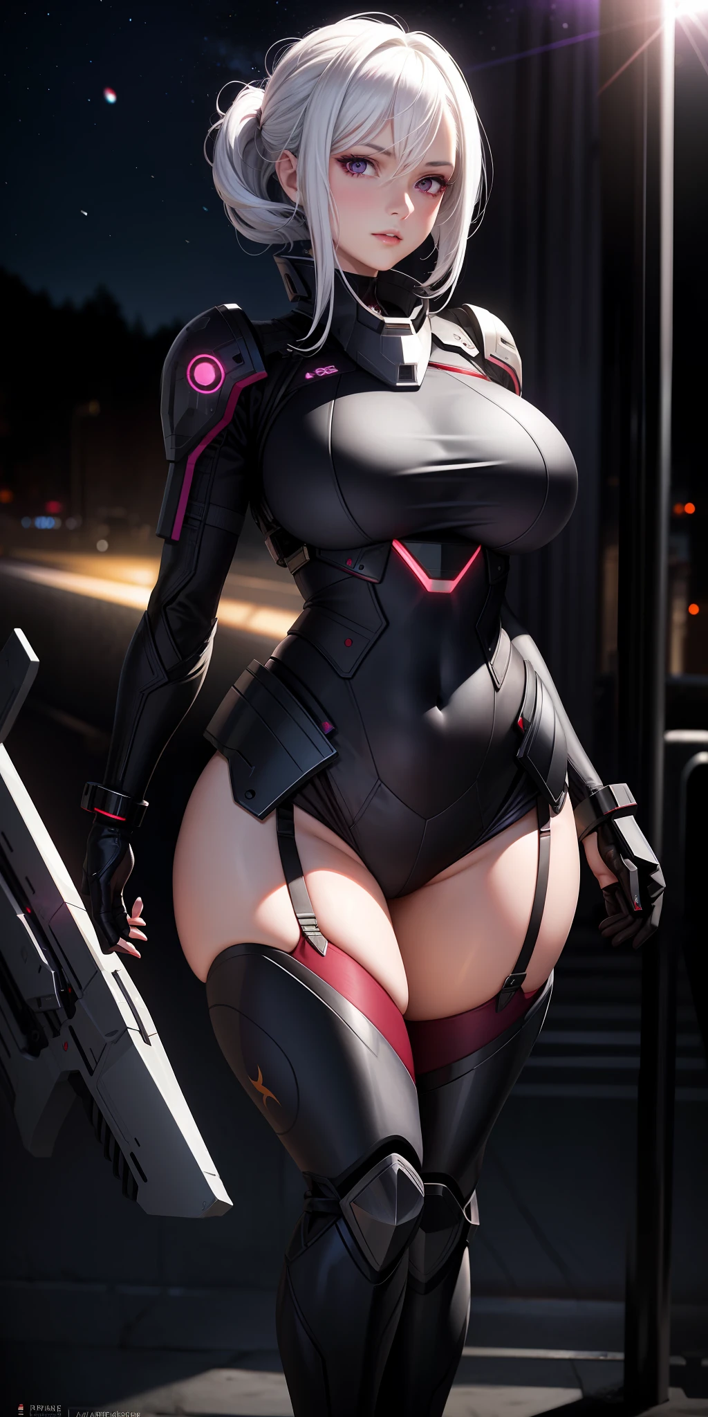 Realistic, 1girl, white hair, purple eyes, glowing eyes, big breasts, thin waist, plump buttocks, wearing dark red special combat suit, parted lips, blushing, night, flowers, sun, sunlight,