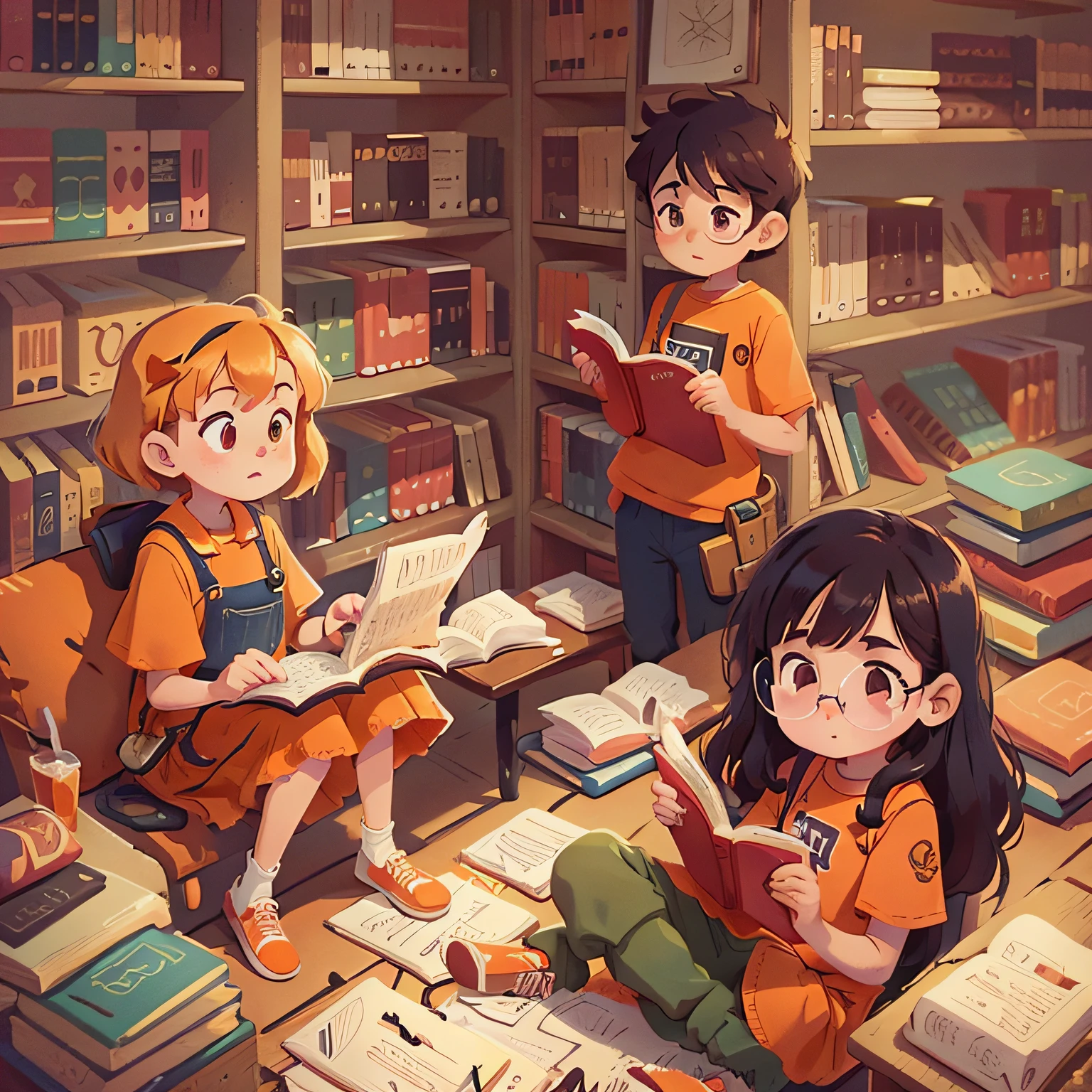 Several people are reading and need an illustration style, and the color scheme is orange