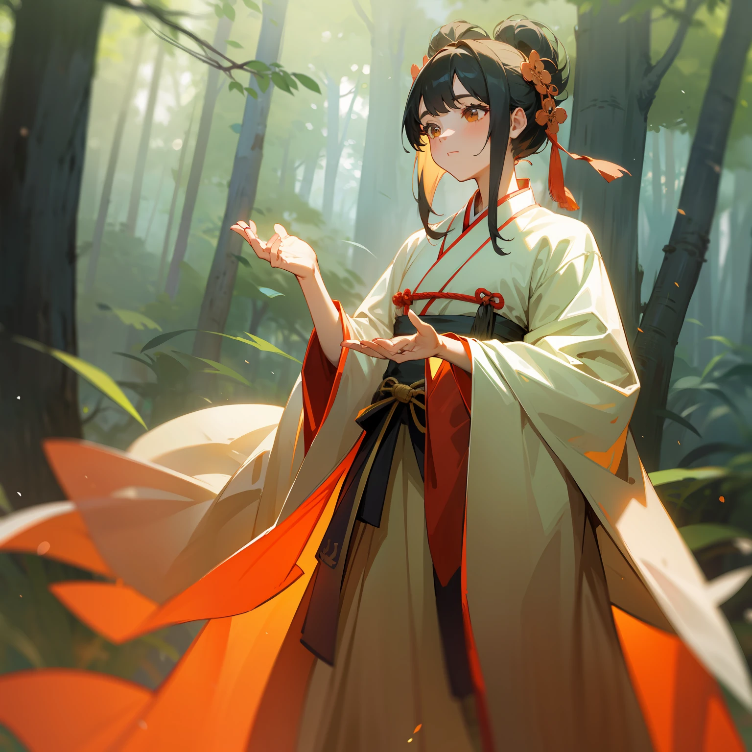 Maiden, Hanfu, full body close-up, Tyndall effect, forest, ancient style