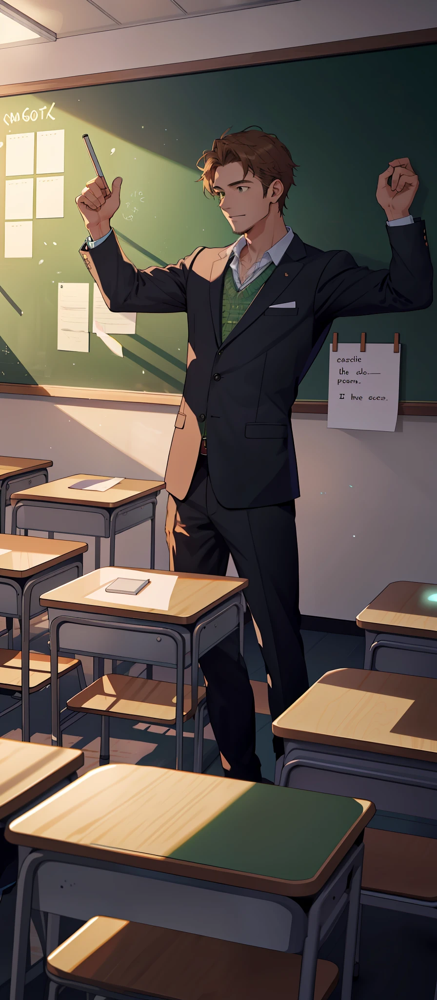 A magic teacher teaching his students in a classroom, with green board on the wall, soft lighting, warm and cozy color tone):