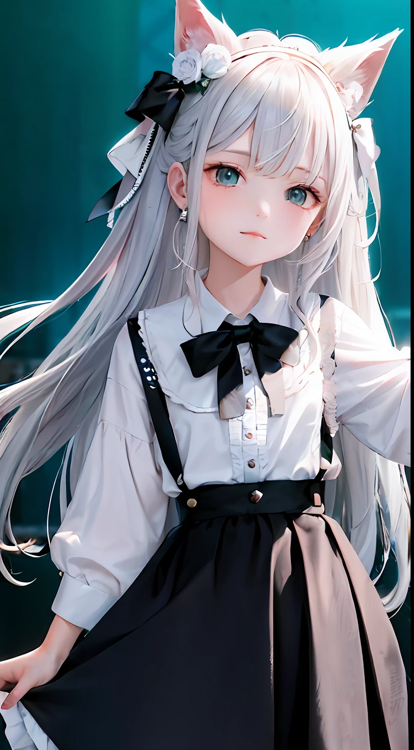 1girl, (masterpiece:1.1), (best quality:1.1), (white blouse:1.1), (plaid skirt:1.1), school uniform, high waist skirt, BREAK [blue:pink:0.5] theme, (gradient background:1.1 ), cowboy shot, BREAK silver hair, long hair,, green eyes, delicate headgear, looking sideways,