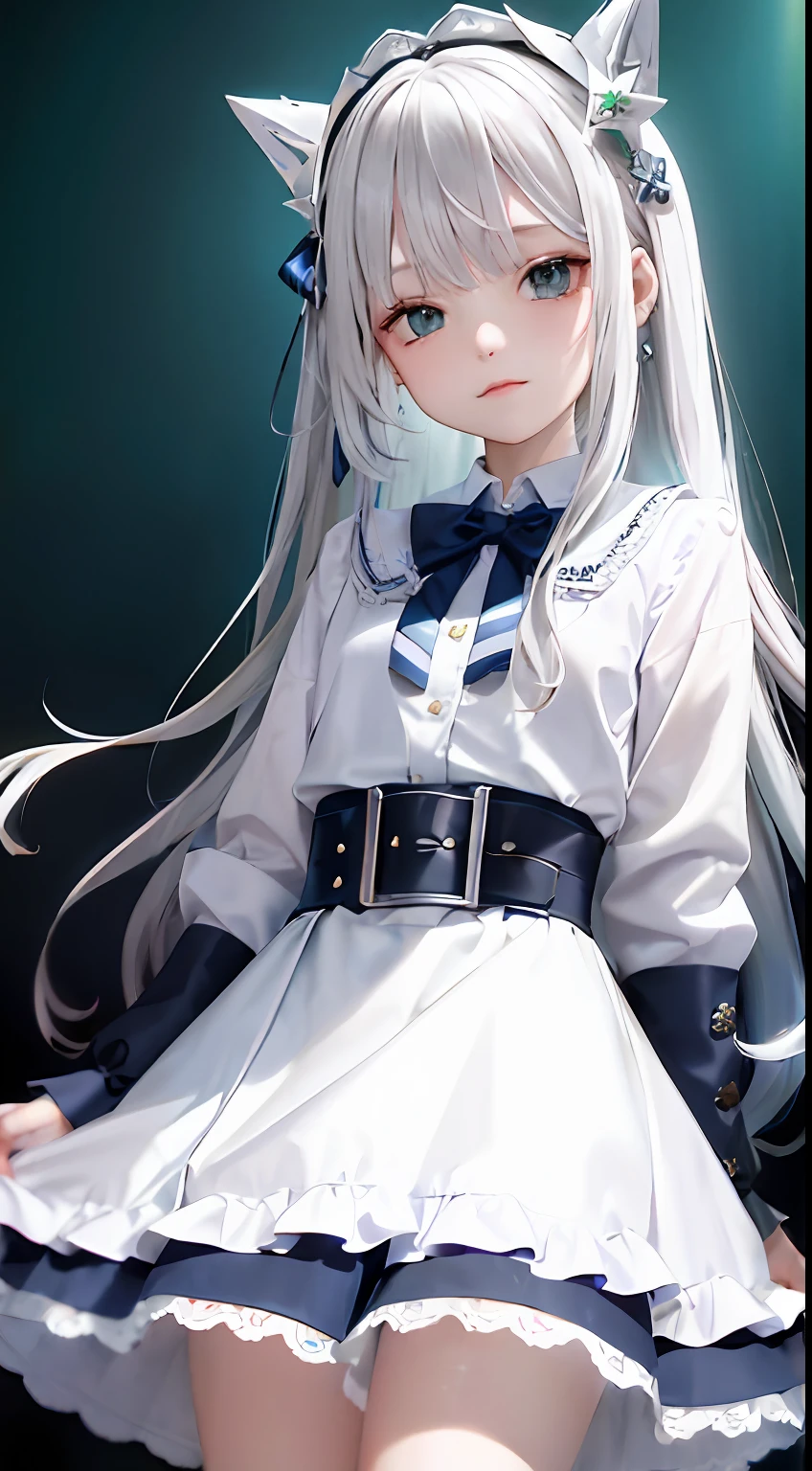1girl, (masterpiece:1.1), (best quality:1.1), (white blouse:1.1), (plaid skirt:1.1), school uniform, high waist skirt, BREAK [blue:pink:0.5] theme, (gradient background:1.1 ), cowboy shot, BREAK silver hair, long hair,, green eyes, delicate headgear, looking sideways,