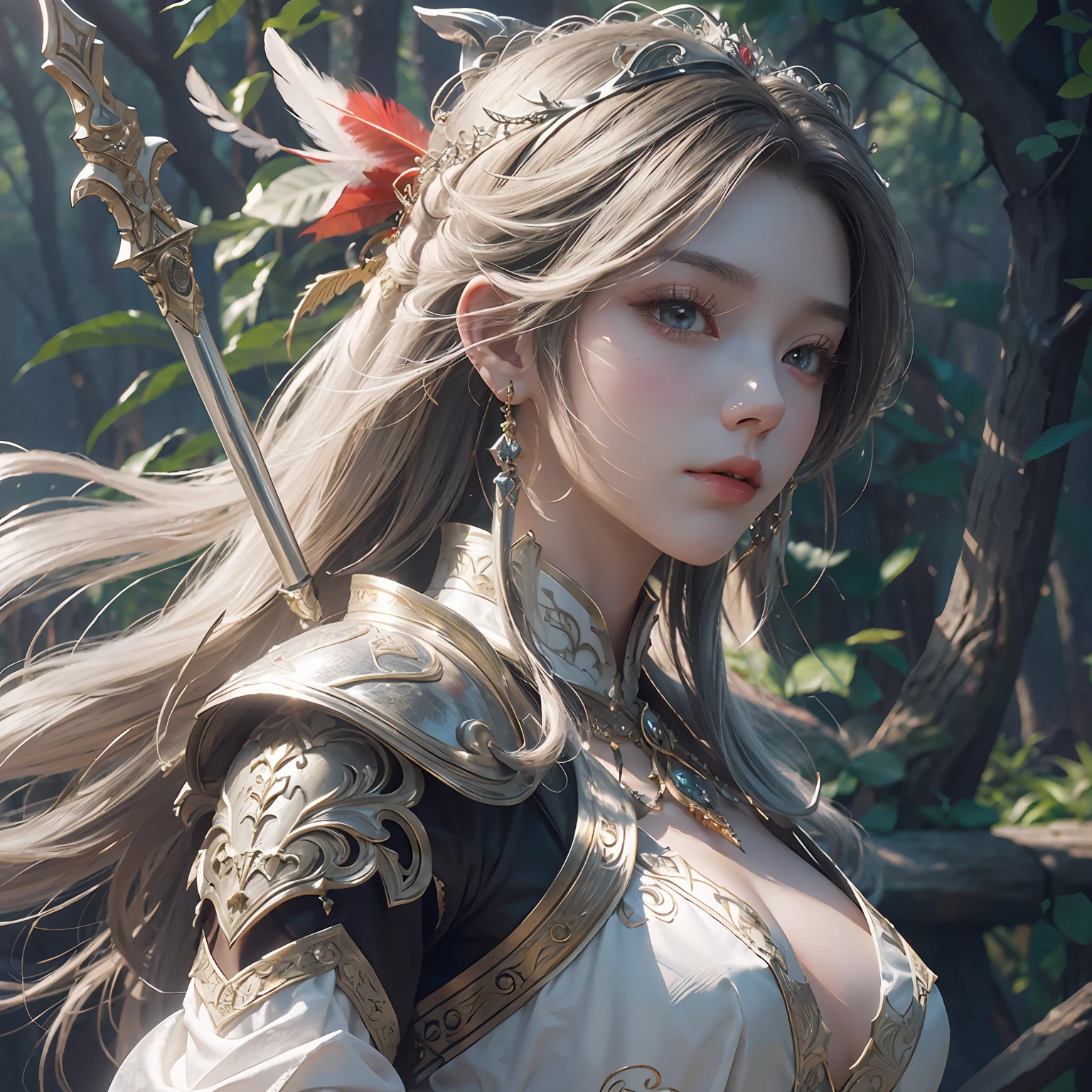 A woman in red and gold holding a halberd, extremely detailed artistic germ, inspired by Du Qiong, by Yang J, IG Model | Art Germ, Style Art Germ, Art Close-up of Woman in White Feather Headdress, Detailed Fantasy Art, Epic Exquisite Character Art, 2. 5d CGI anime fantasy artwork, stunning character art, 4k fantasy art, pale white armor, highly detailed fantasy art, detailed fantasy digital art, wearing ethereal armor, fantasy art style, beautiful armor, beautiful fantasy art, wlop roslavs --auto --s2