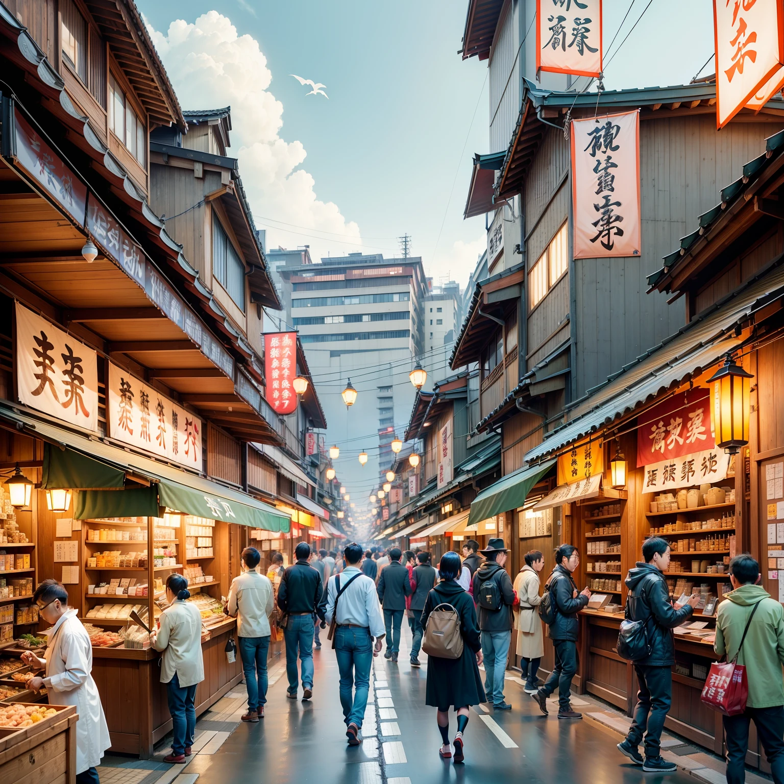 Tsukiji Outer Market, top quality, shops, real world, fantasy, charming, modern, (no human: 1), Japan modern street, busy street, traditional architecture, lanterns, old-fashioned wooden signs, modern atmosphere. --auto --s2