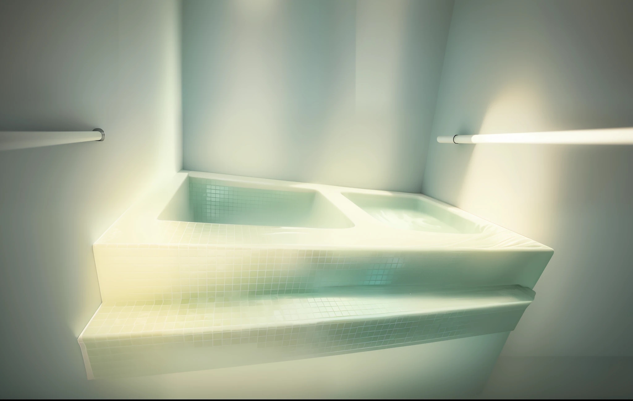 Tip: A pale green bubble pool in the bathroom, background with various bathroom decorations, creamy white room, flowing curtains, sunlight slanting into the room, three-dimensional vivid, this illustration is a high-definition illustration in 4K resolution, with highly detailed features and visuals.