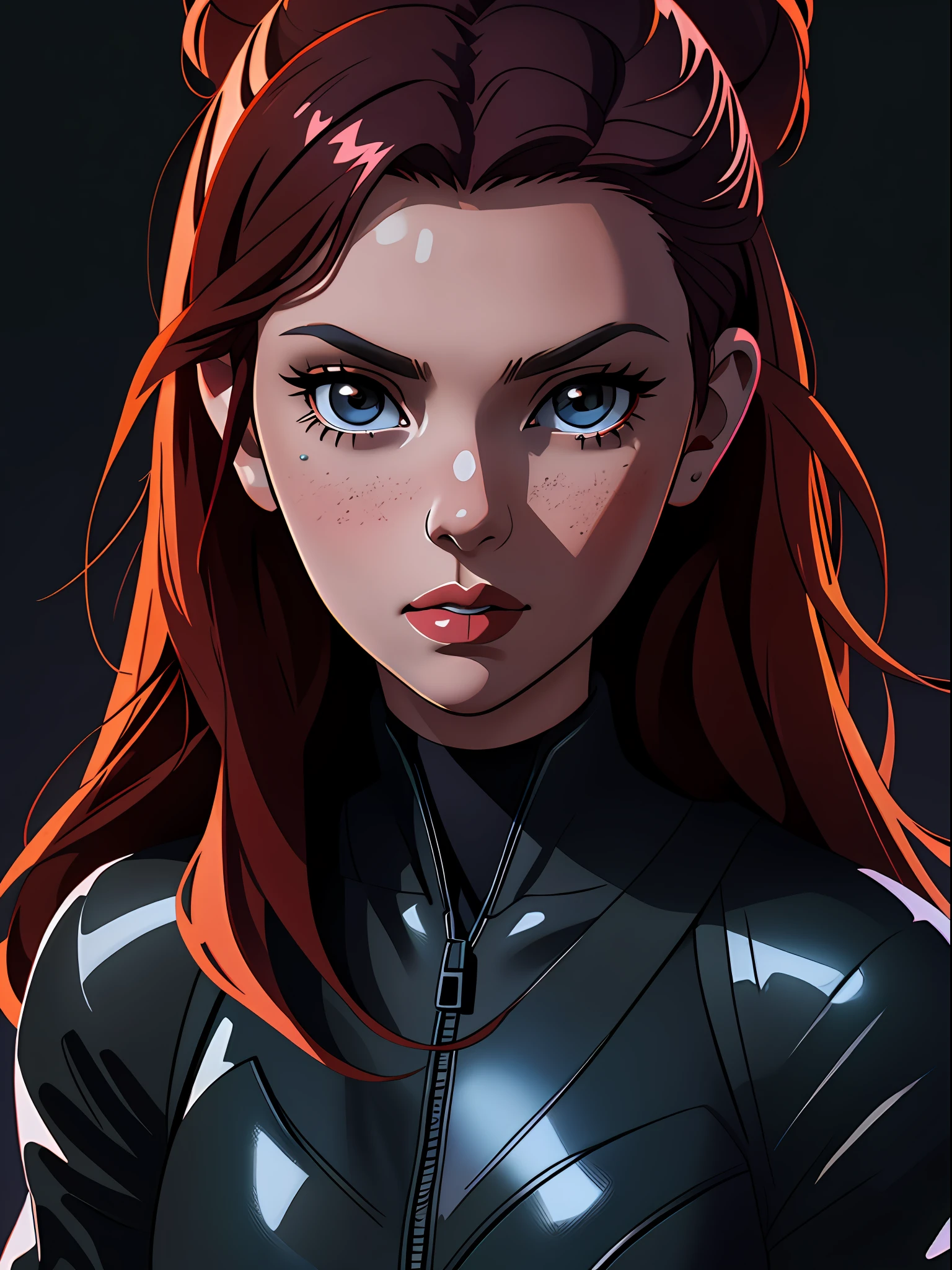 Black Widow from the Marvel Universe, performed by Scarlet Johansson, black widow costume, heroic pose, full-length, full body, fight scene, full-length, Scarlett Johansson, super face detail, Very detailed, 8k, dark tone, dark shadow, glow in the dark, game color correction, (HDR, UHD, 64k, best quality, RAW photo, best quality, masterpiece: 1.5), UHD, hd, 64k, hyperrealism, very detailed, full of bodies, hyperrealism, very detailed, in hyper-realistic detail, hyper-realistic full-body detail, high detailed, digital painting, trending on artstation, HD quality