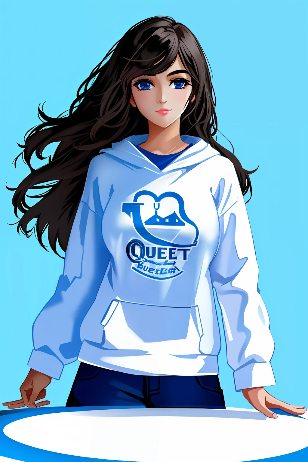 Create a beautiful girl and a background logo with dc also with a dairy quest slogan