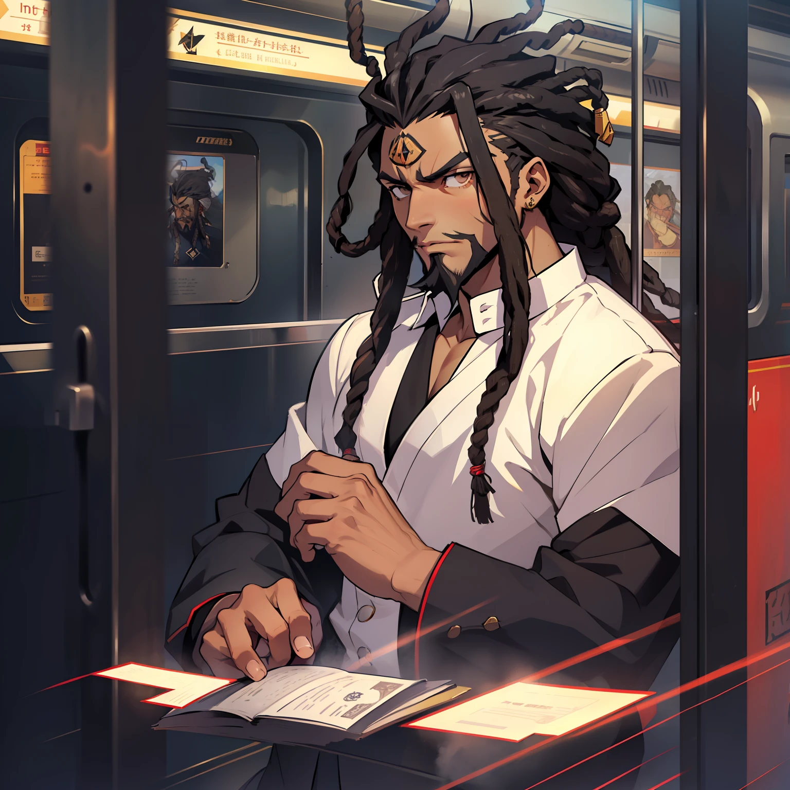 1boy, solo, older, ((fate grand order)), black hair, (((dreads))), serious expression, full beard, brown eyes, train, (full body portrait), conductor, (((dark skin)))