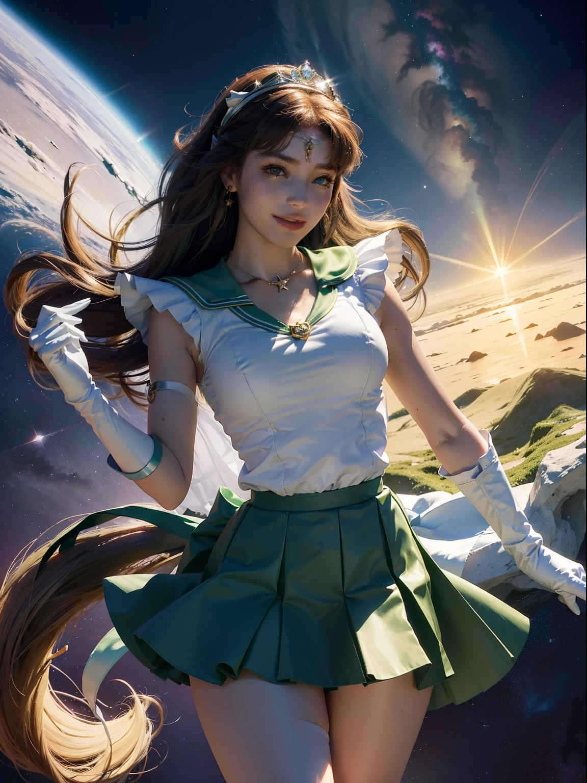 Masterpiece, best quality, absurdity, perfect anatomy, sama1, tiara, sailor moon jupiter, white gloves, green sailor collar, green skirt, star necklace, elbow gloves, pleated skirt, bare legs, purple bow, space, sun, cowboy shooting, smile, flame bow,