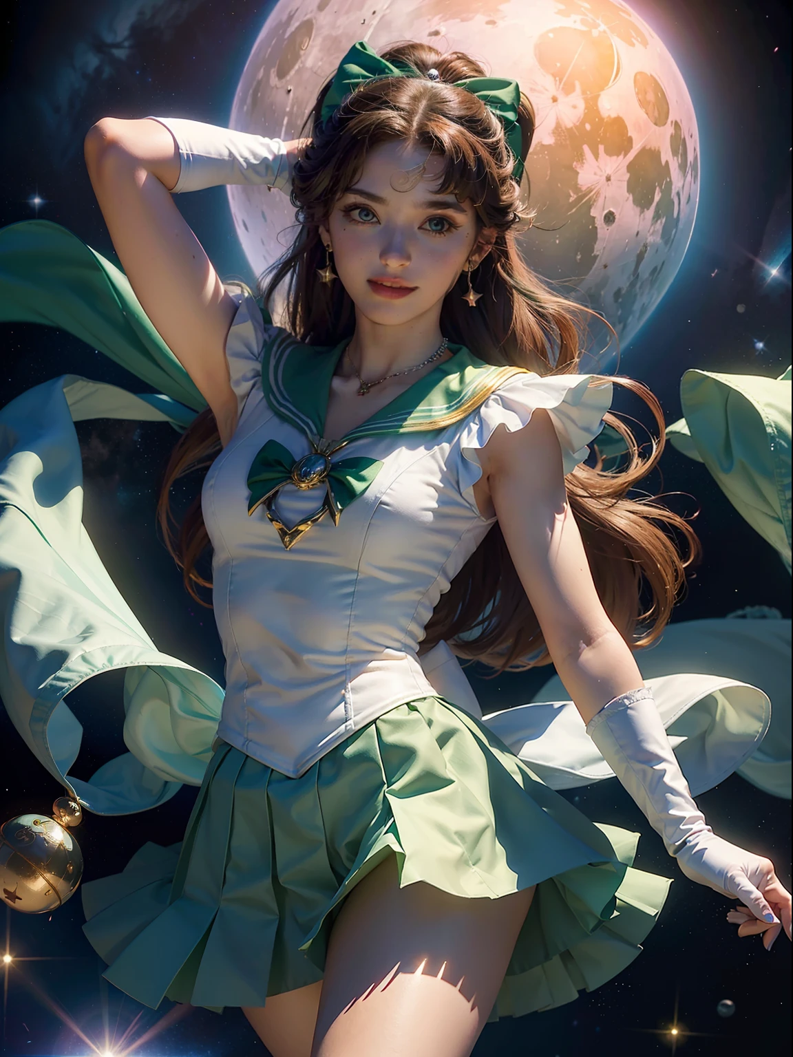 Masterpiece, best quality, absurdity, perfect anatomy, sama1, tiara, sailor moon jupiter, white gloves, green sailor collar, green skirt, star necklace, elbow gloves, pleated skirt, bare legs, purple bow, space, sun, cowboy shooting, smile, flame bow,