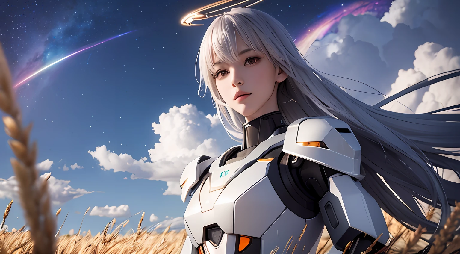 ((a girl:1),(mecha),(robot),mechanical parts,There's a glowing halo on your head,(There's an ultra-small prismatic energy core in the chest),(white hair),(Blood red glowing eyes:1),Elegant hair,male focus,(Blue high-tech armor)),robot joints,pilot suit,science fiction,tree,(sky:0.5),realistic,grass,(Moon:1),(wheat field:1.3),(cloud:1),(SONY a7r3),Look at the camera,Look at the lens,(SONY 55mm lens),(Aperture 1.5),Cloudy,(Half-body photo:1),Windmill,sacred,starry,stars,(Perfect light and shadow:1.5),There are many buildings in the background,,cover page,(masterpiecell),fbest gualitvl,fhighrest,original,reflection,body shadowartstationextremely detailed CG unity 8k wallpaper,High Color saturation,