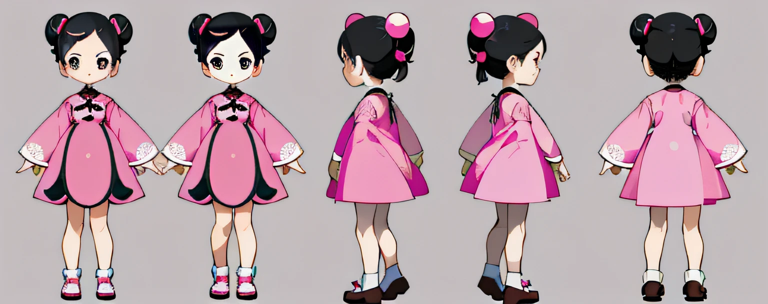 ((character design sheet, same character, front, side, back)), illustration, illustration, 1 little girl, little baby, hairstyle fax, eyes, short legs, environment change, character sheet, loli, very young, wearing pink chinese dress, (pink dress) double dango head, (black hair: 1.1, bundan: 1.2), (pink dress: 1.3, Chinese), Environment scene changes, (simple background: (1.3)), five views of the same character's character setting, highly detailed character design, cartoon concept art, character design, professional character design, 2d character design concept art, concept art design illustration, color concept art, 2d character concept art, illustration style character design, [ Character Design ]