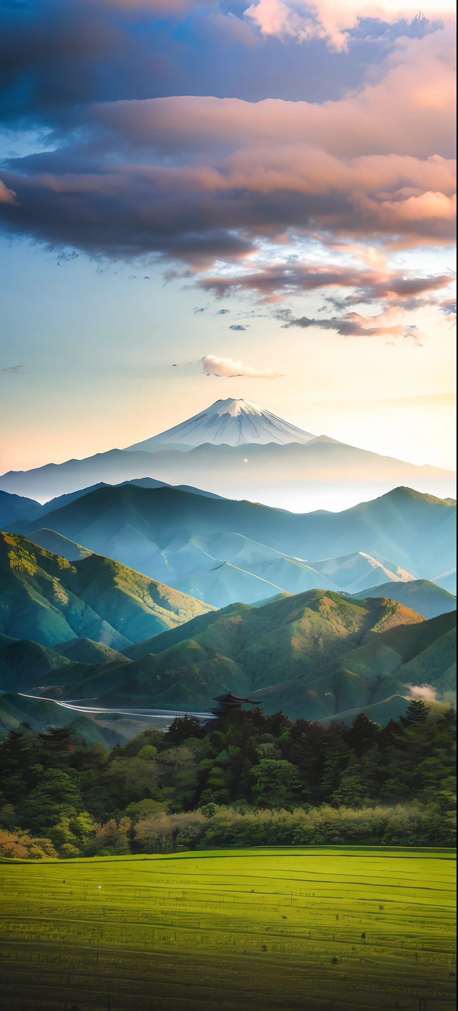 mountains and valleys are seen in the distance as the sun sets, japan mountains, countryside in japan, mt. fuji, mount fuji, japan deeper travel exploration, mountain fuji on the background, mount fuji on the background, mount fuji in the background, mount fuji background, japanese countryside, japan, ehime, “ aerial view of a mountain, japanese landscape