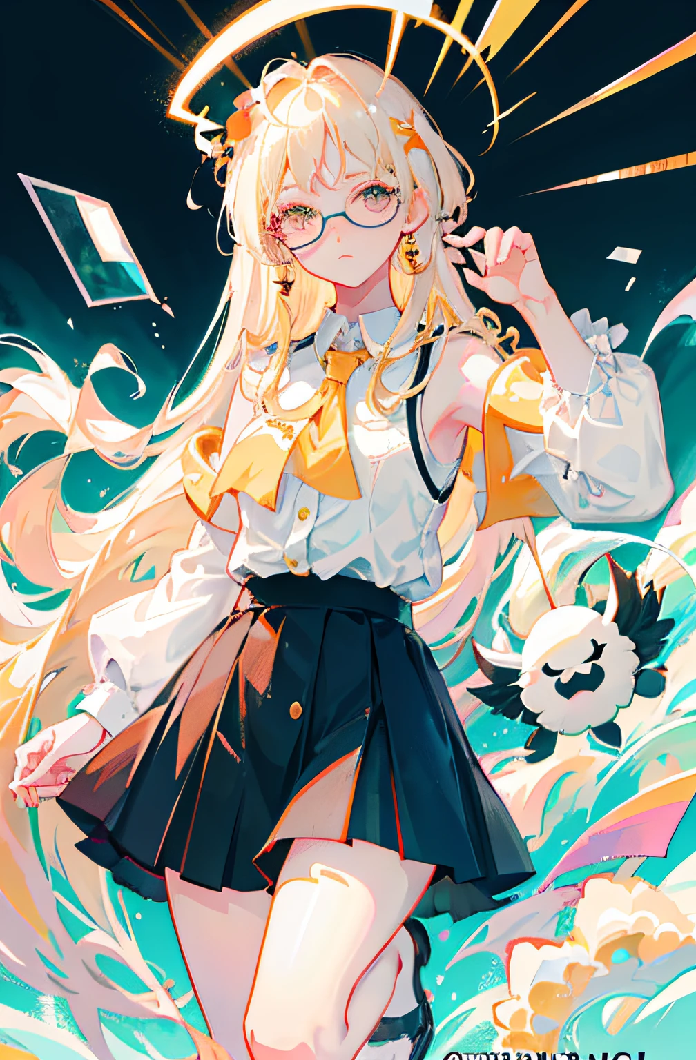 Best quality, super high resolution, (realism: 1.4), 1 female, sleeveless white button-down shirt, black skirt, black collar, ((glasses)), (Kpop idol), (aegyo sal: 1), (platinum blonde: 1), ((puffy eyes)), looking at viewer, full body, flowers