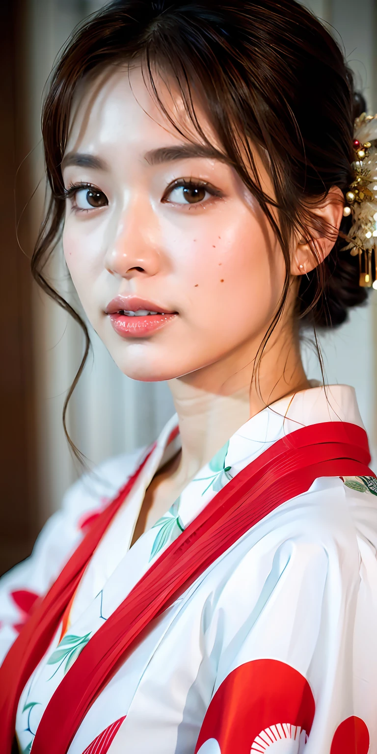kimono, obi, (8k, RAW photo, best quality, masterpiece: 1.2), (realistic: 1.6), (masterpiece), (best quality: 1.0), (super hi-res: 1.0), detail, 40s, one, detailed beautiful skin, detail room, realistic skin, big breasts
