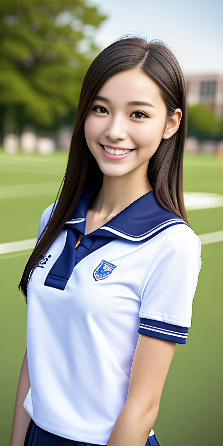neat college girl, petite, (school uniform, summer clothes, short sleeves), outside the athletic field, (slim), photorealistic, detail, skin texture, ultra detail, delicate sexy collarbone, smile, super detailed face, detailed lips, detailed eyes, breast enhancement, waist thin